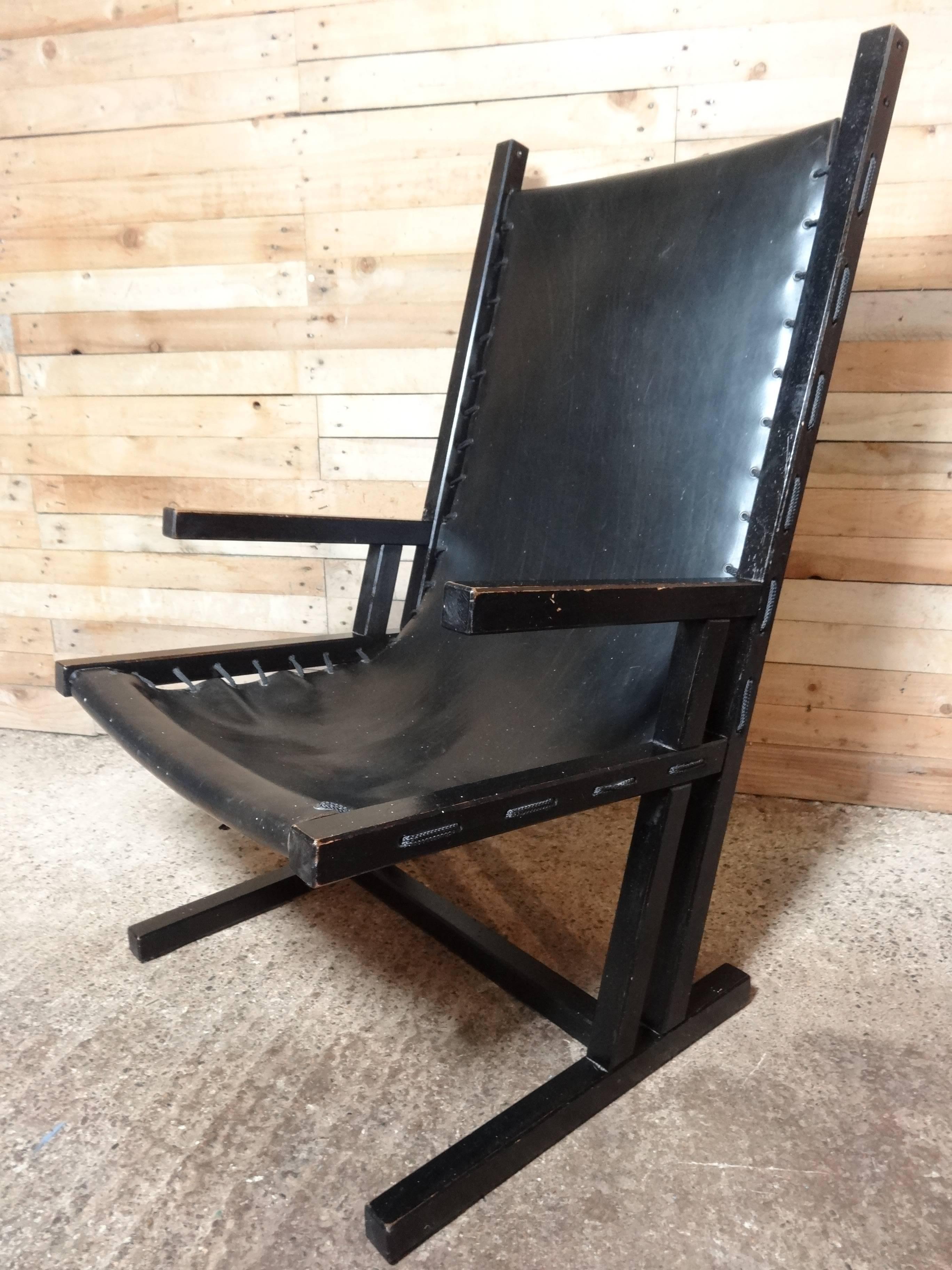Vintage Original Dutch 'Rietveld' Style Retro 1960 Black Leather Lounge Chair For Sale 1
