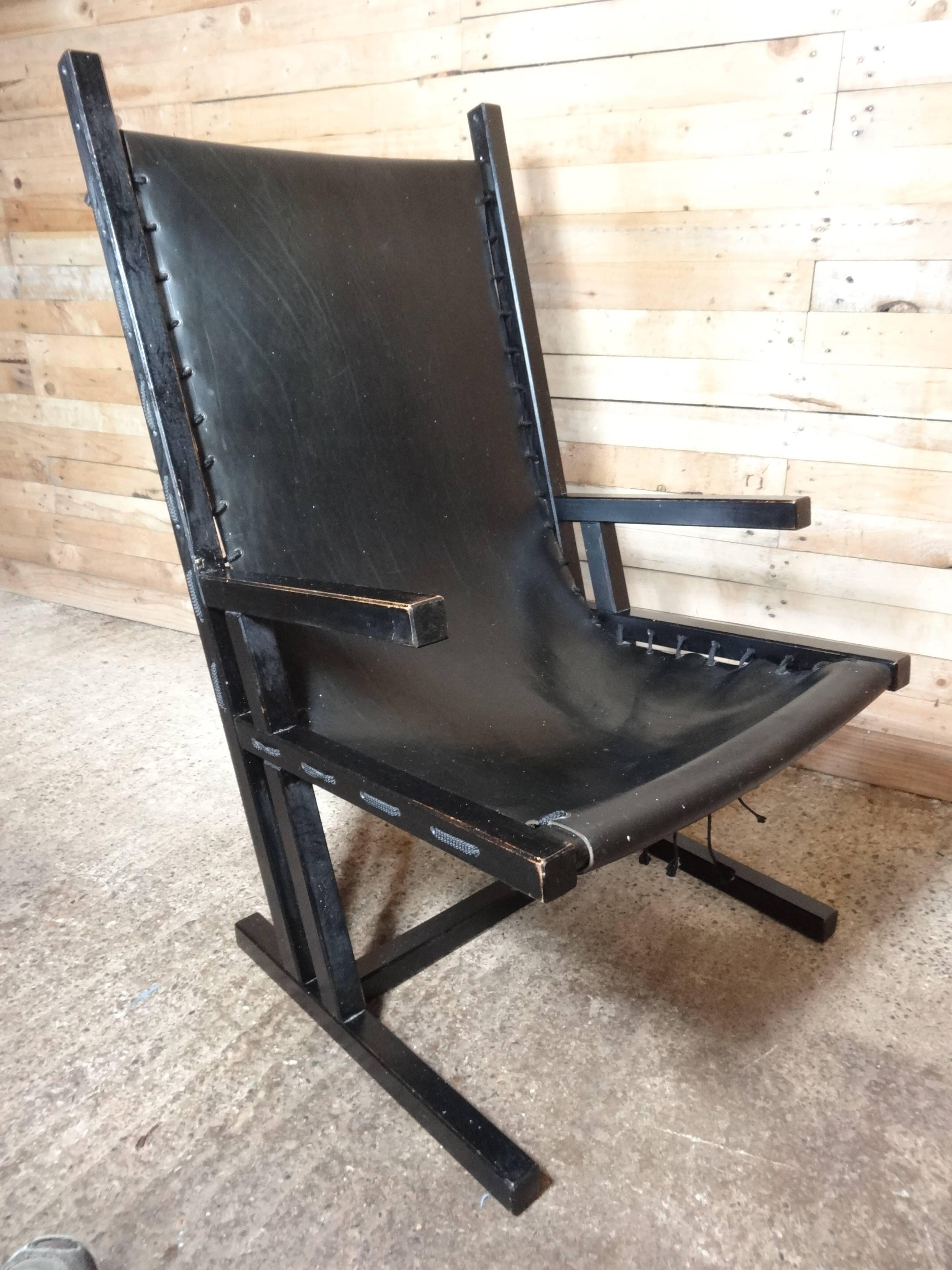 Mid-Century Modern Vintage Original Dutch 'Rietveld' Style Retro 1960 Black Leather Lounge Chair For Sale