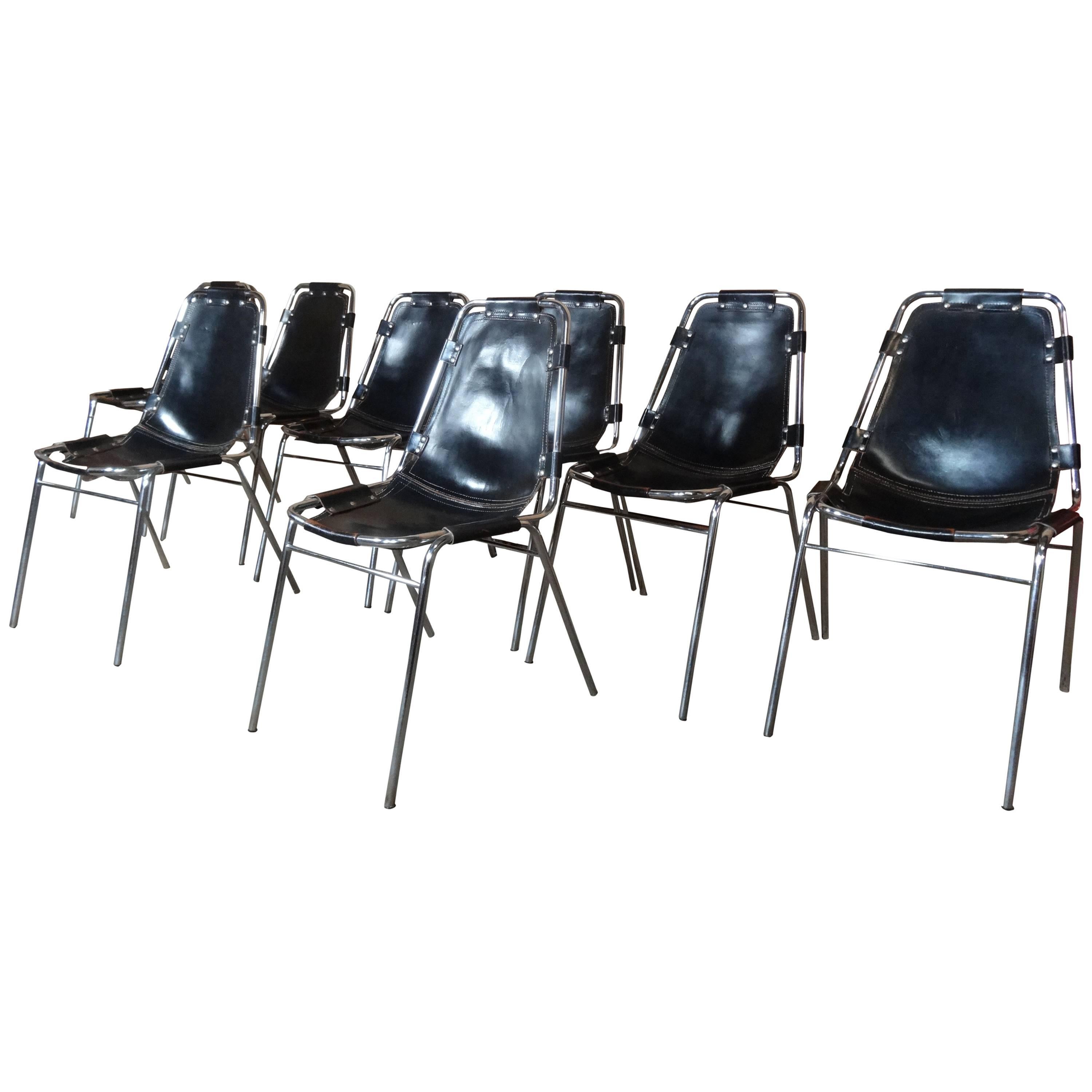 Selected by Charlotte Perriand 8 Black Leather Dining Chairs for Les Arcs