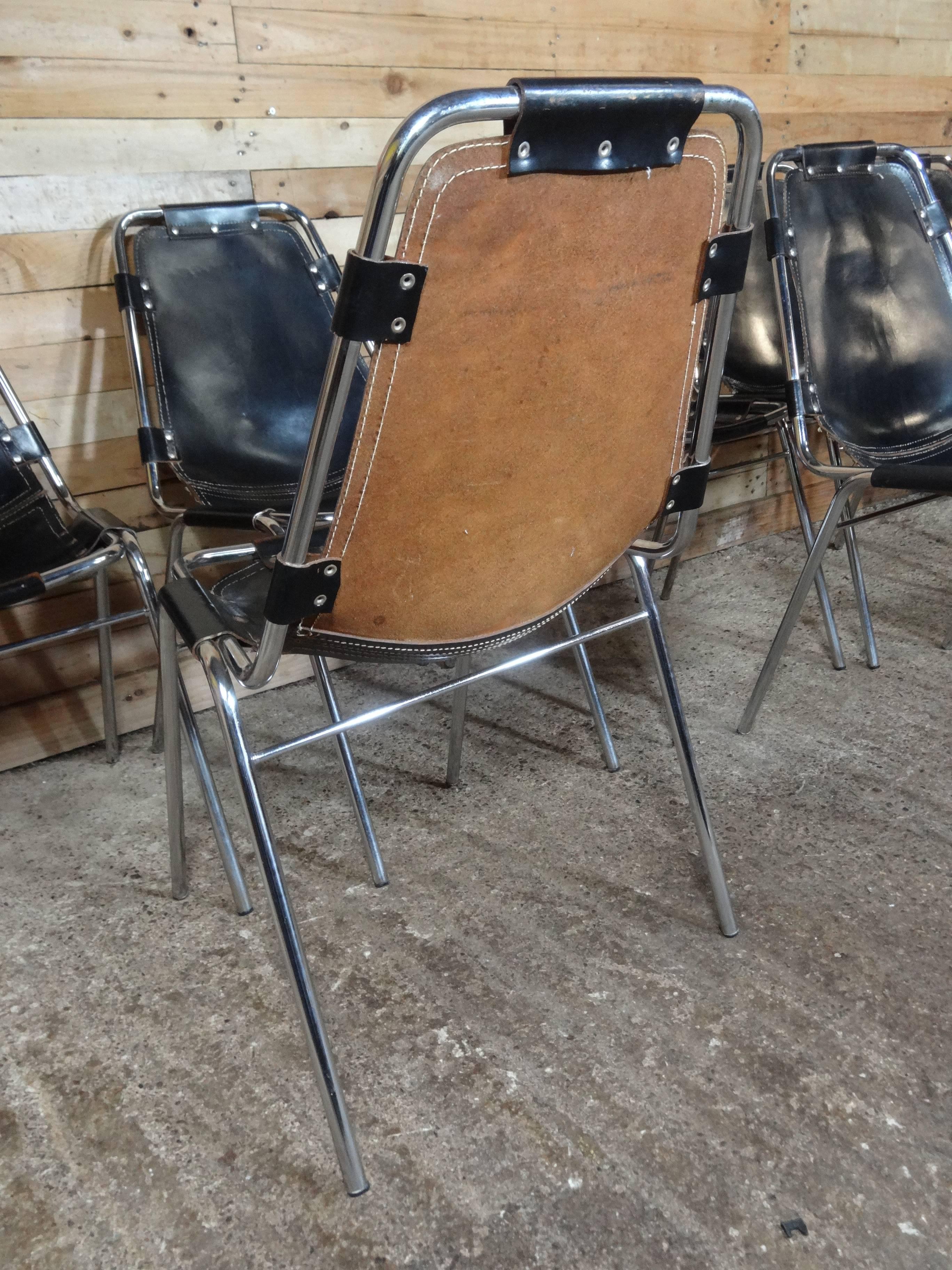 Selected by Charlotte Perriand 8 Black Leather Dining Chairs for Les Arcs In Good Condition In Markington, GB