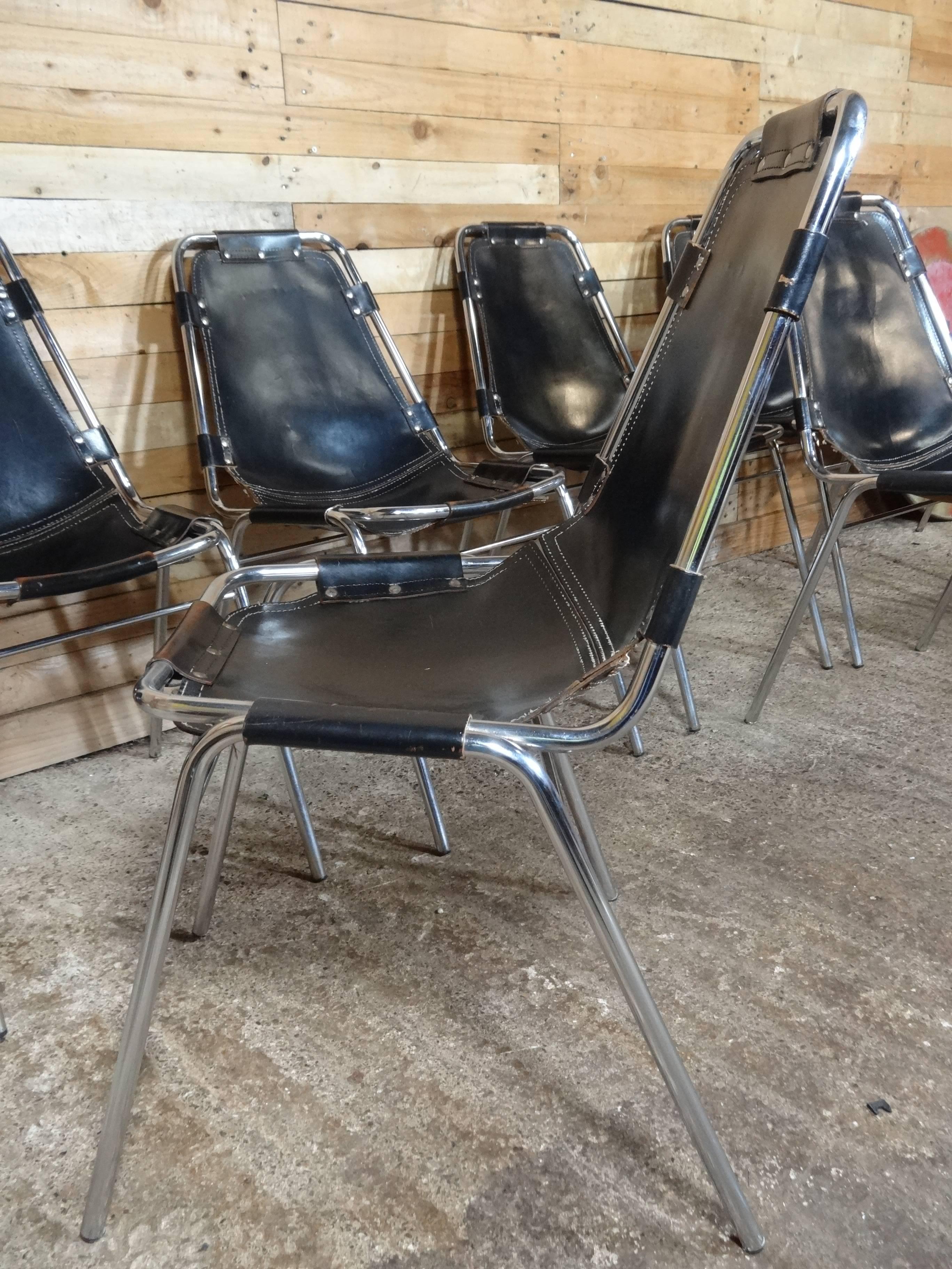 20th Century Selected by Charlotte Perriand 8 Black Leather Dining Chairs for Les Arcs