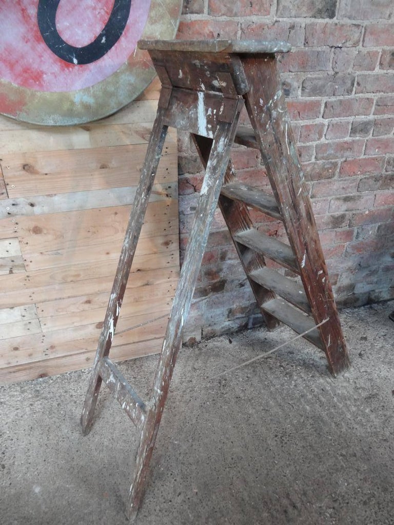 1900s French Vintage Fruit Picking Painting Ladder Library Ladder /Shop Display In Good Condition For Sale In Cowthorpe, North Yorkshire
