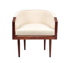 Club Chair with Walnut Banded Barrel Back and Hand-Turned, Tapered Legs