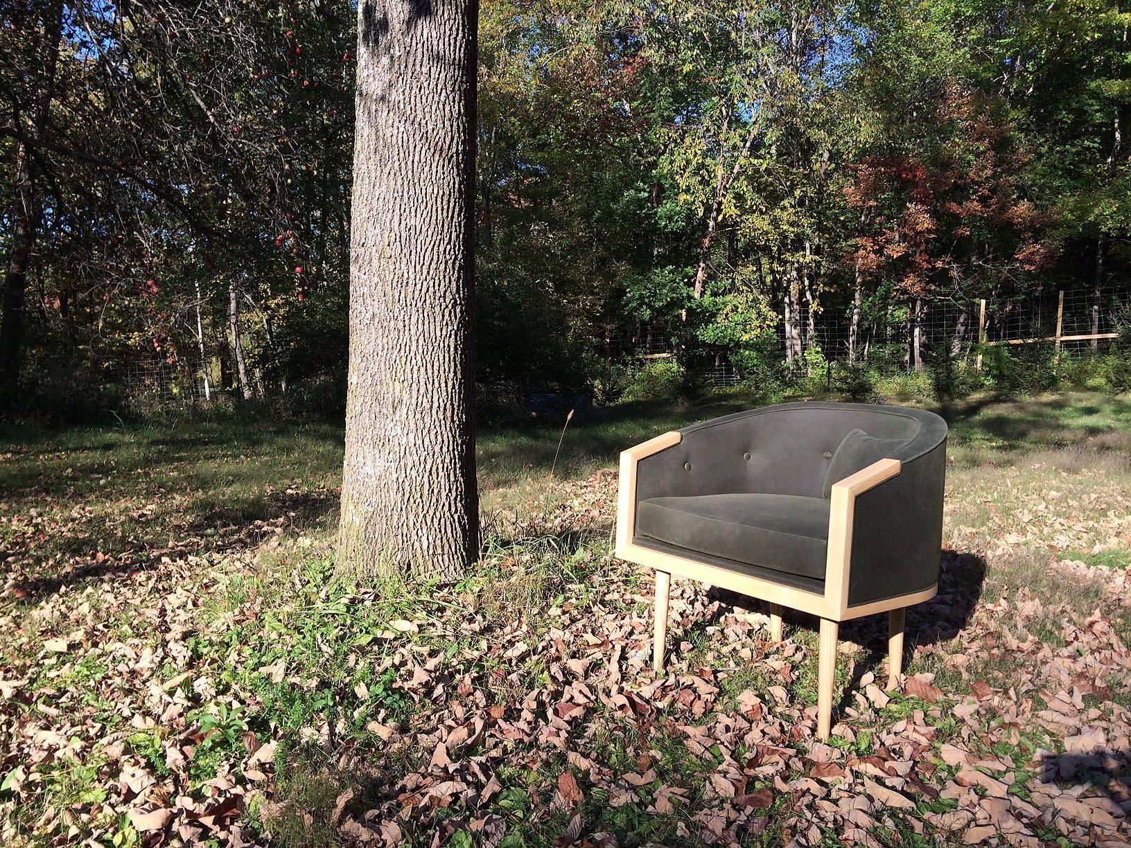 Contemporary Club Chair with Walnut Banded Barrel Back and Hand-Turned, Tapered Legs For Sale