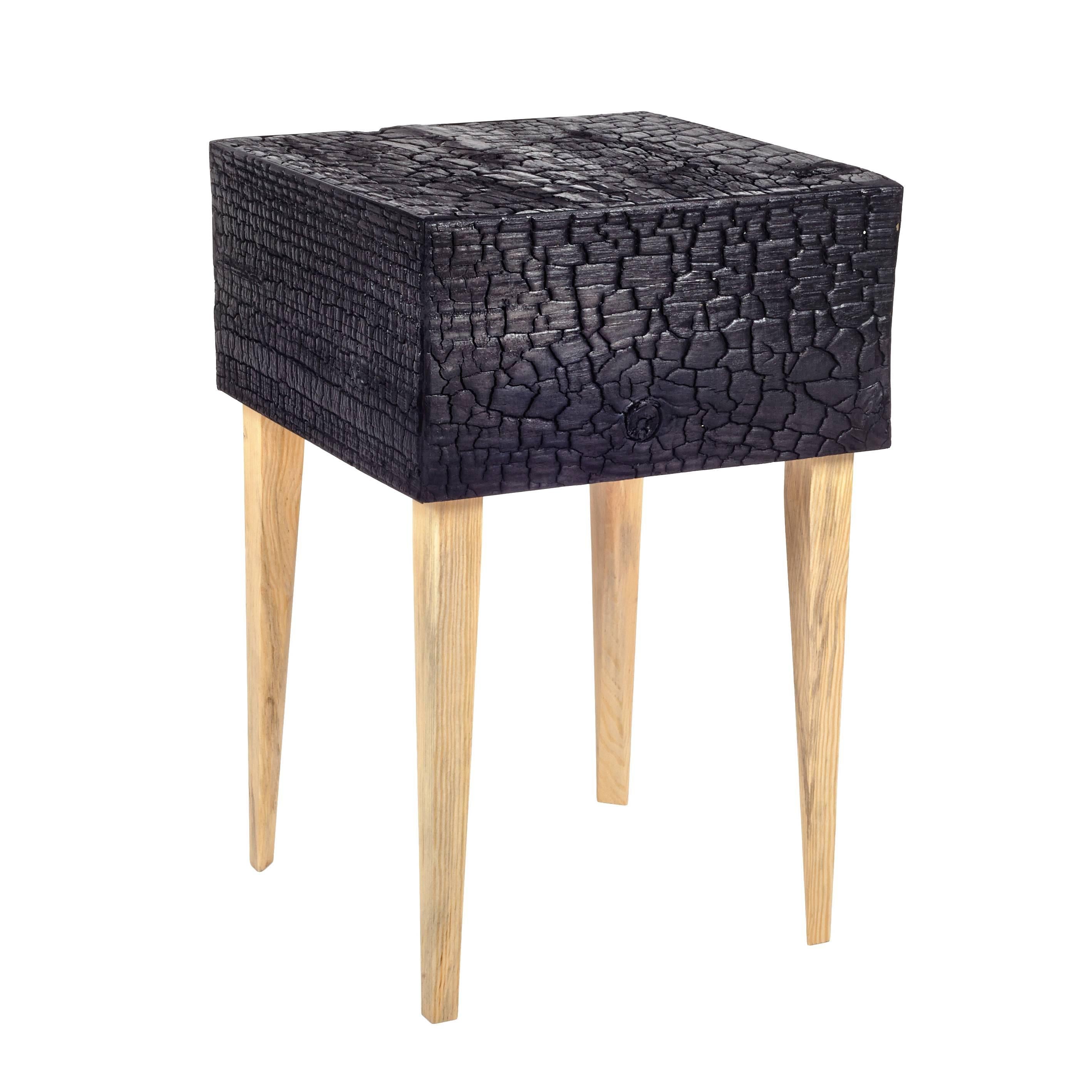 Modern Charred End Table in Loblolly Pine with Single Drawer and Triangular Legs For Sale