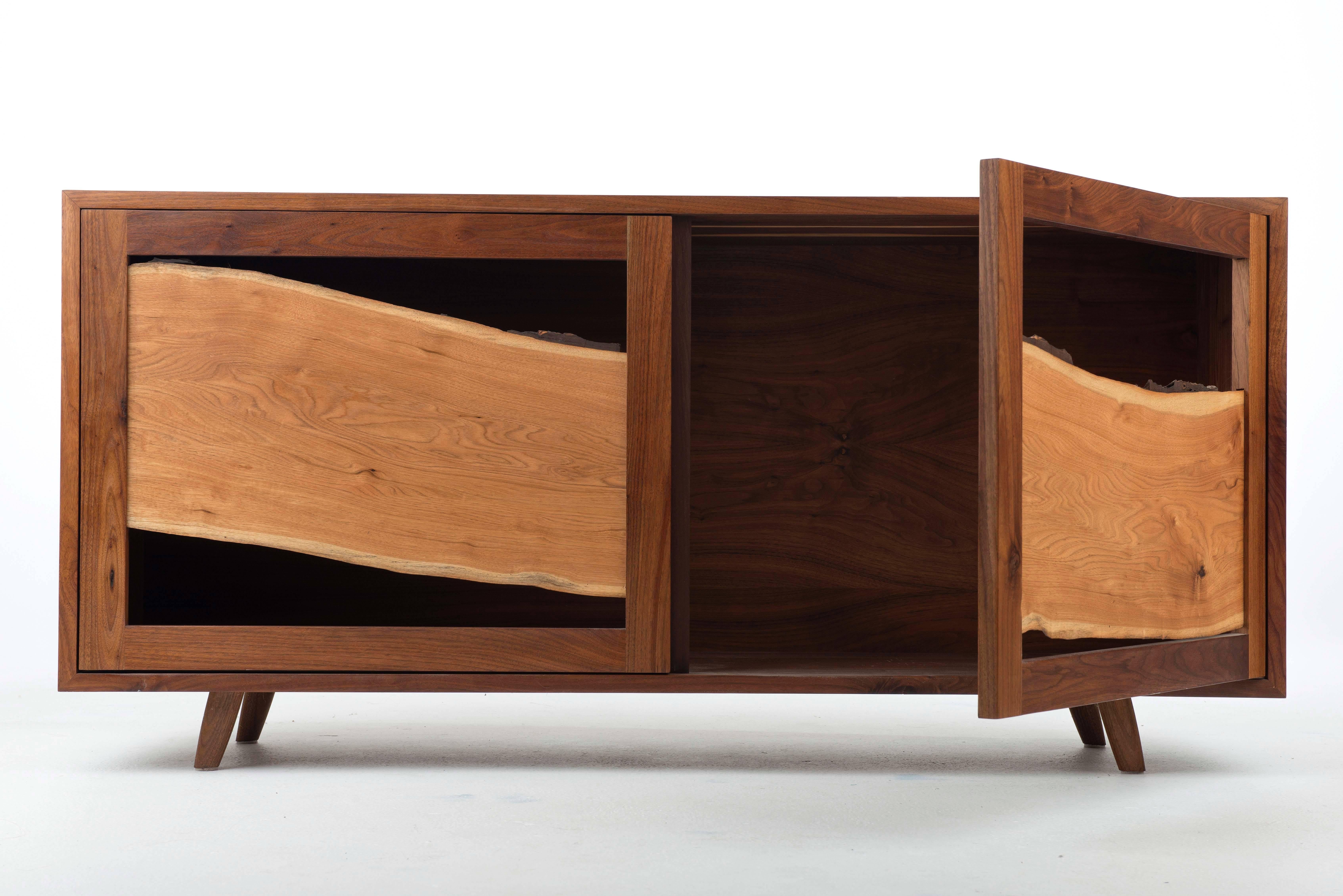 Modern Sweep Cabinet in Black Walnut and Live Edged Butternut with Hand-Turned Legs