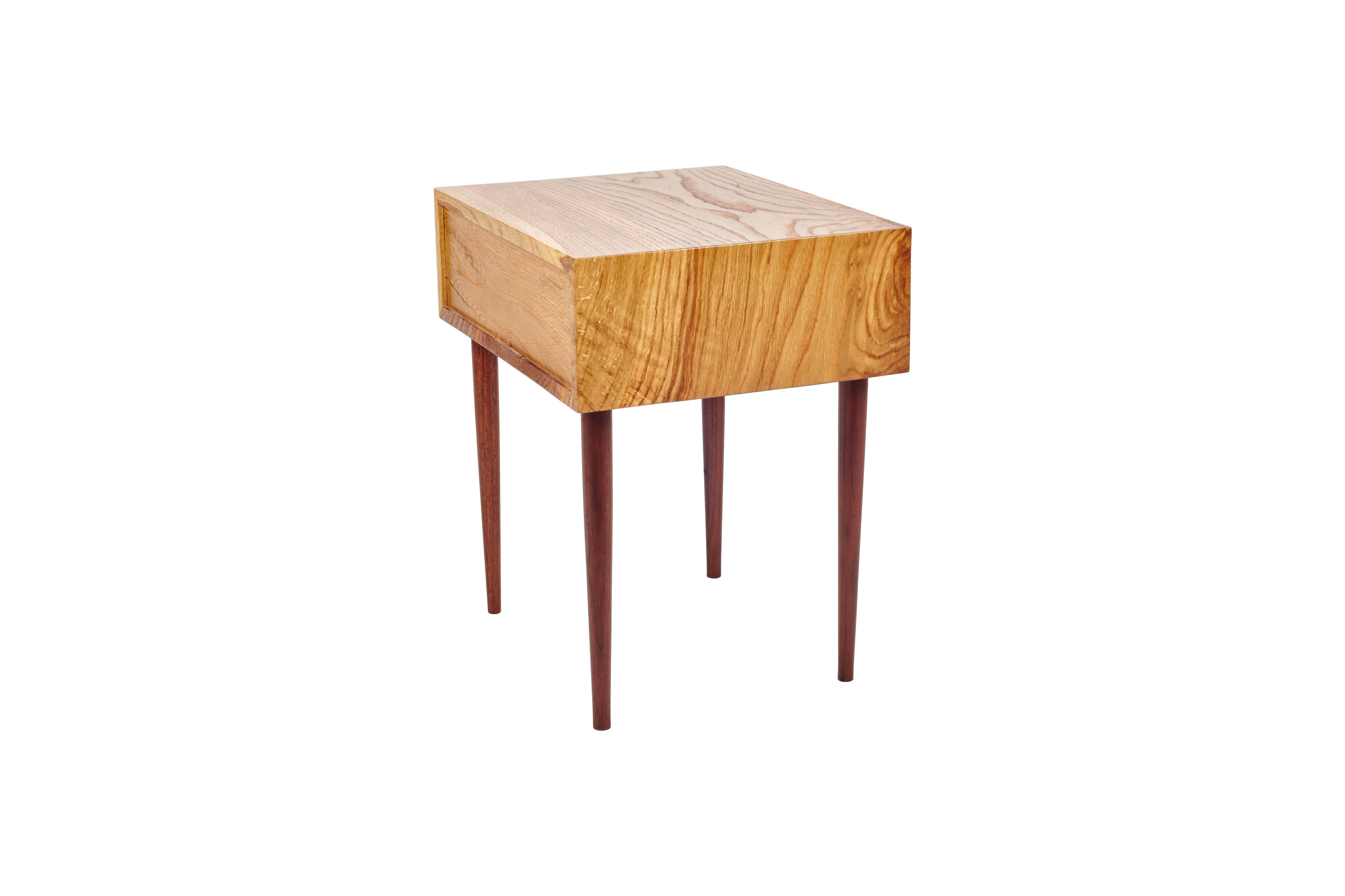 American End Table in Chestnut Oak and Hand-Turned Walnut with a Single Drawer