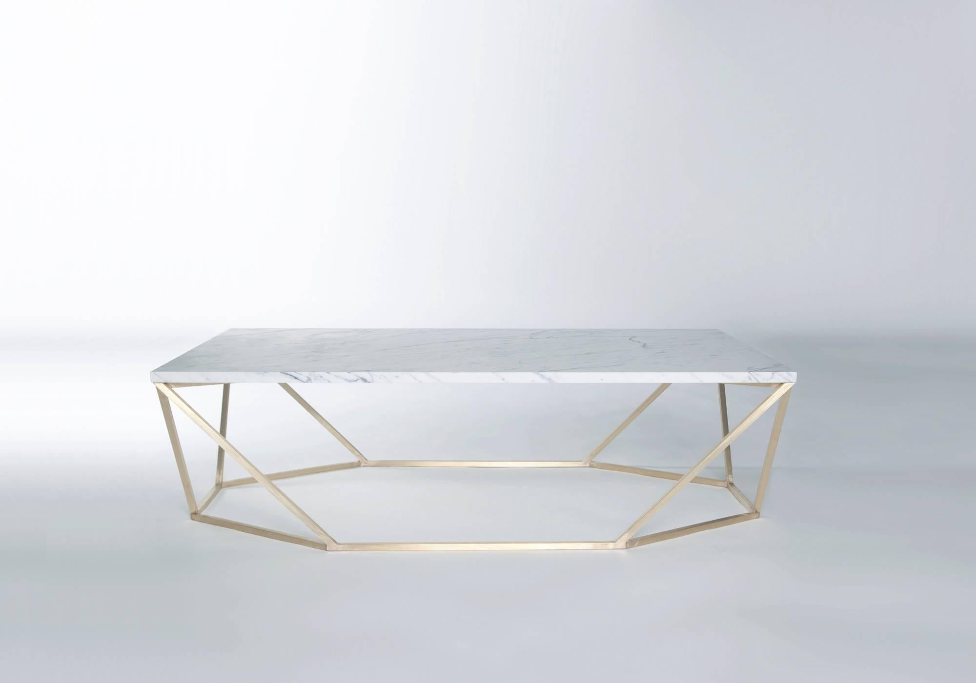 Modern Dusk Coffee Table, Large in Honed White Marble and Brushed Brass