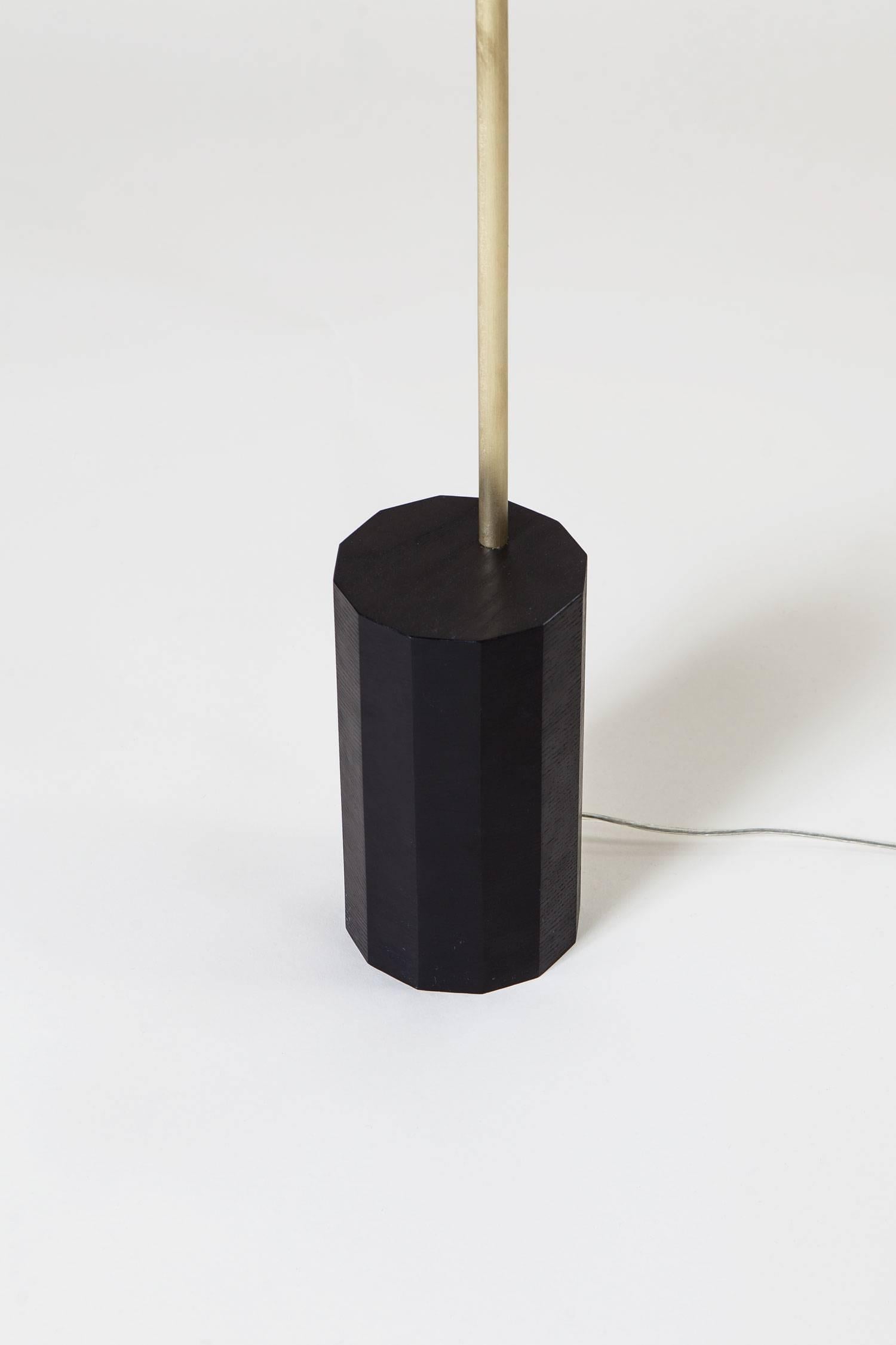 Modern Bishop Task Floor Lamp with Brushed Brass, Blackened-Steel Shade, and Black Oak For Sale