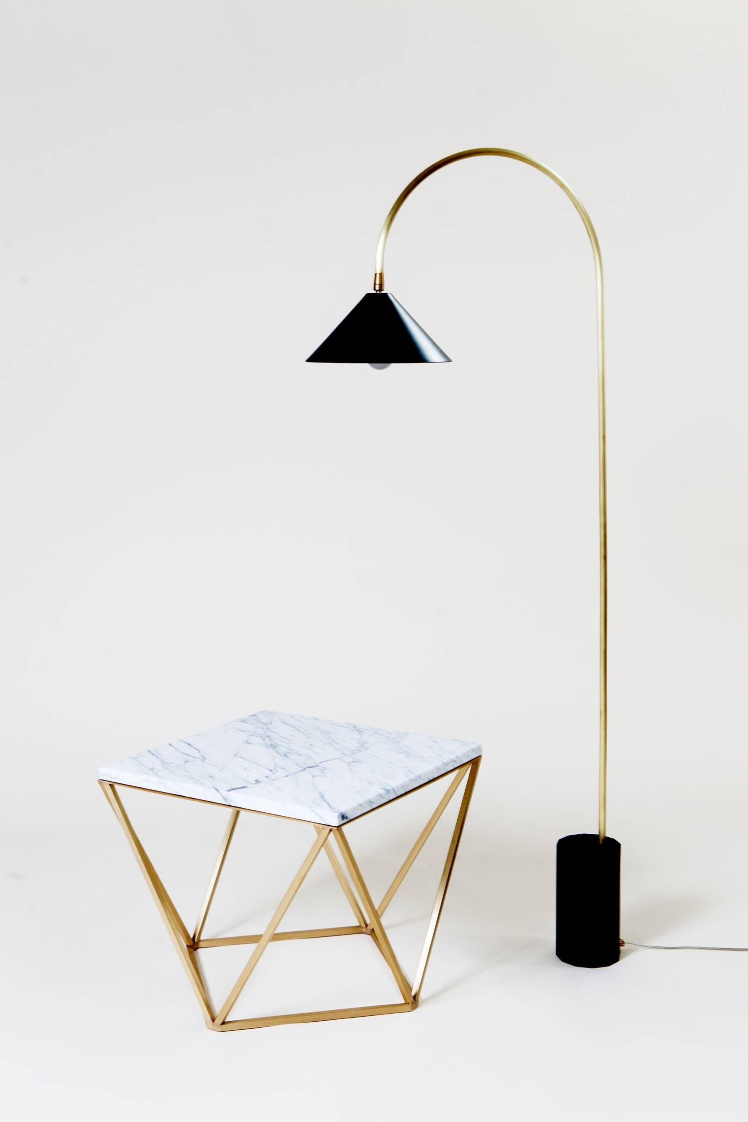 American Bishop Task Floor Lamp with Brushed Brass, Blackened-Steel Shade, and Black Oak For Sale