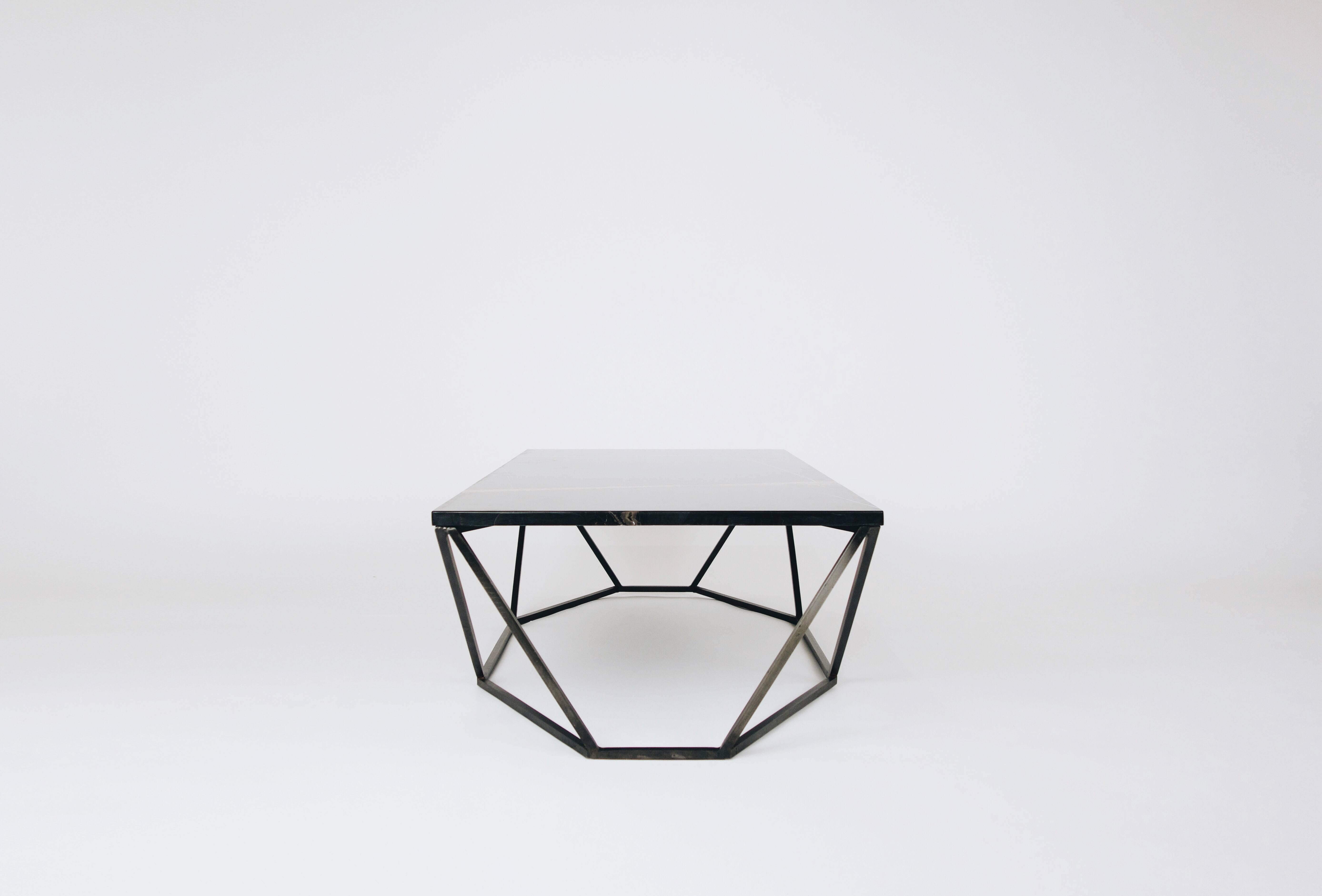 American Dusk Coffee Table, Large in Hand Carved Black Marble and Blackened Steel