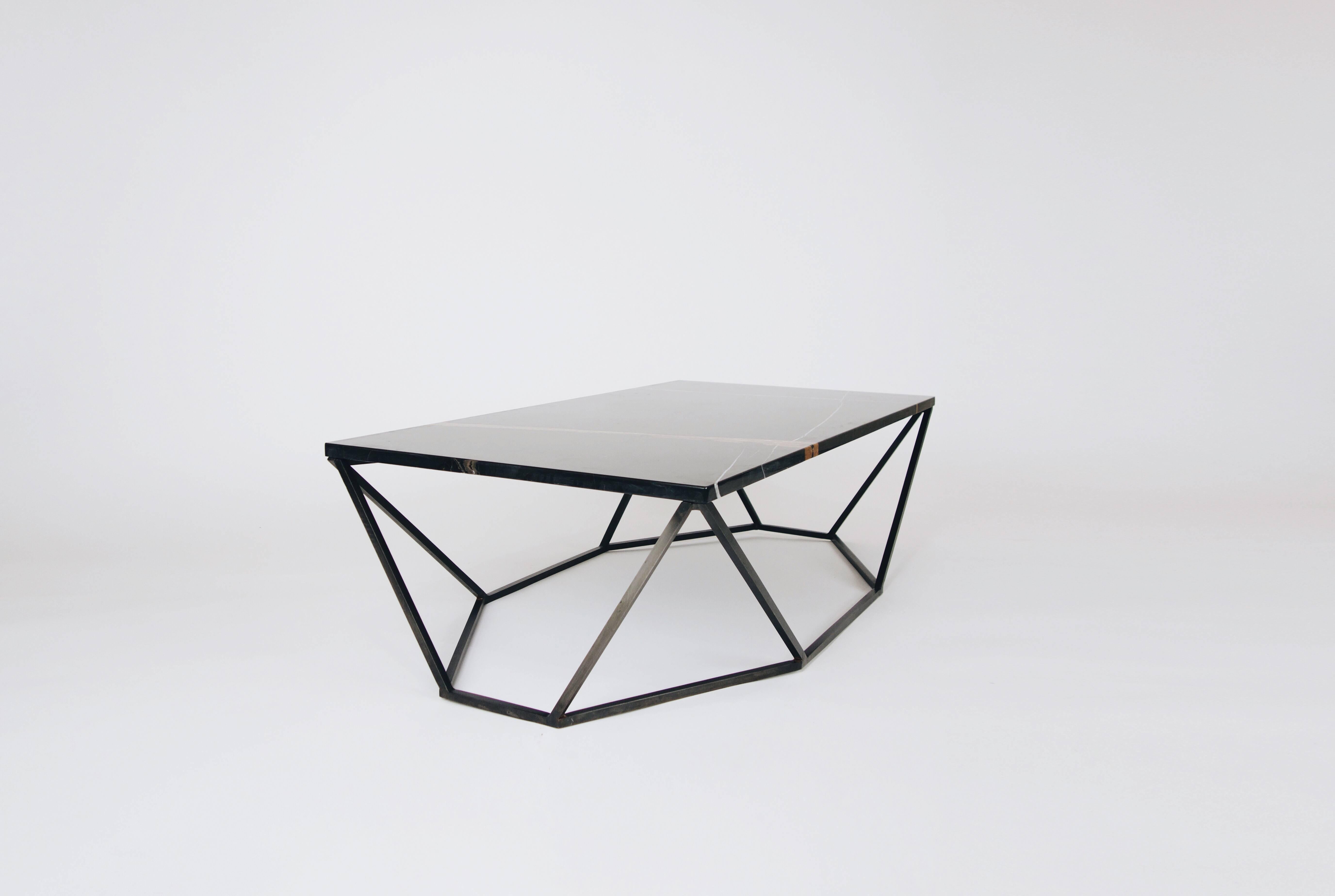 Contemporary Dusk Coffee Table, Large in Hand Carved Black Marble and Blackened Steel