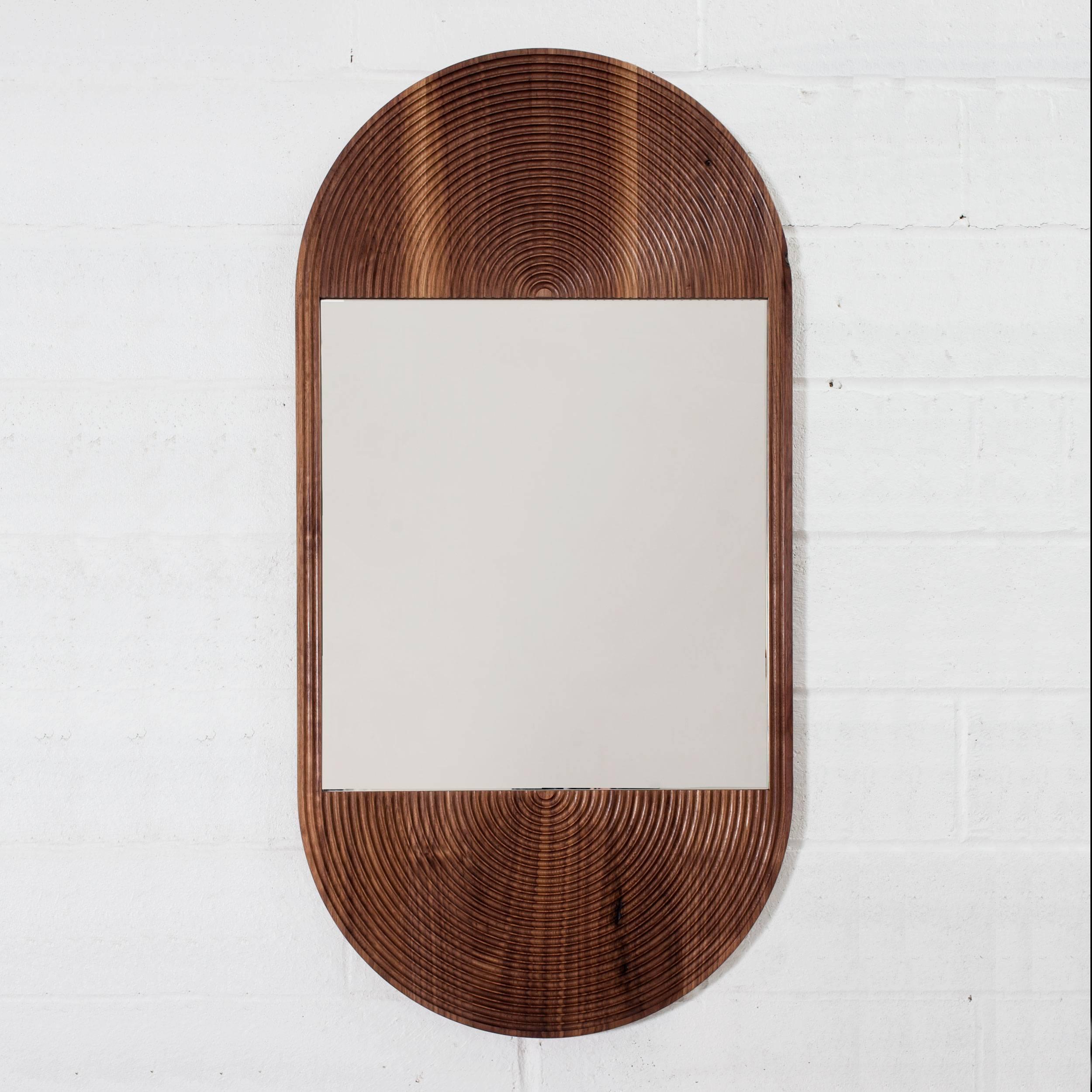 Hand-Crafted June Mirror, Small in Carved Walnut and Hand-Cut Mirror For Sale