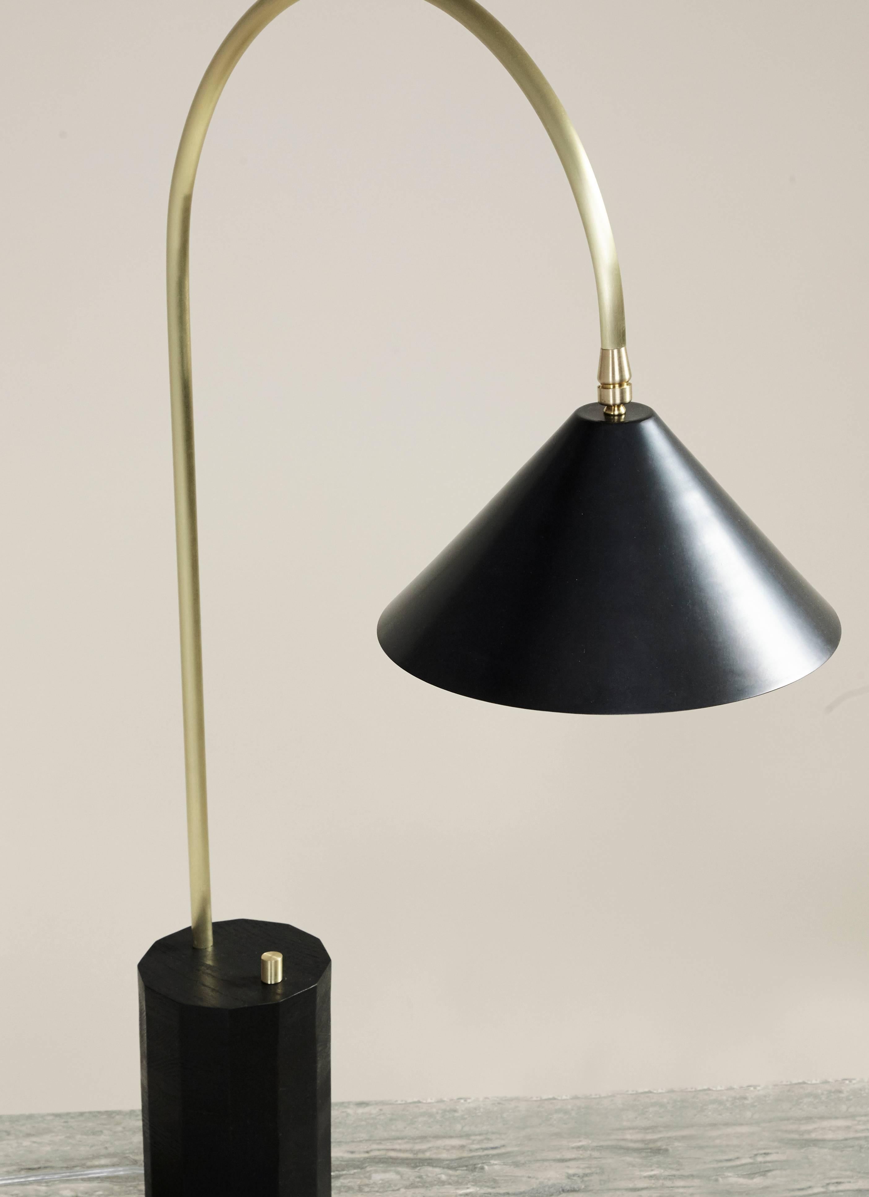 American Bishop Table Lamp in Brushed Brass, Blackened-Steel Shade and Ebony-Stained Oak For Sale