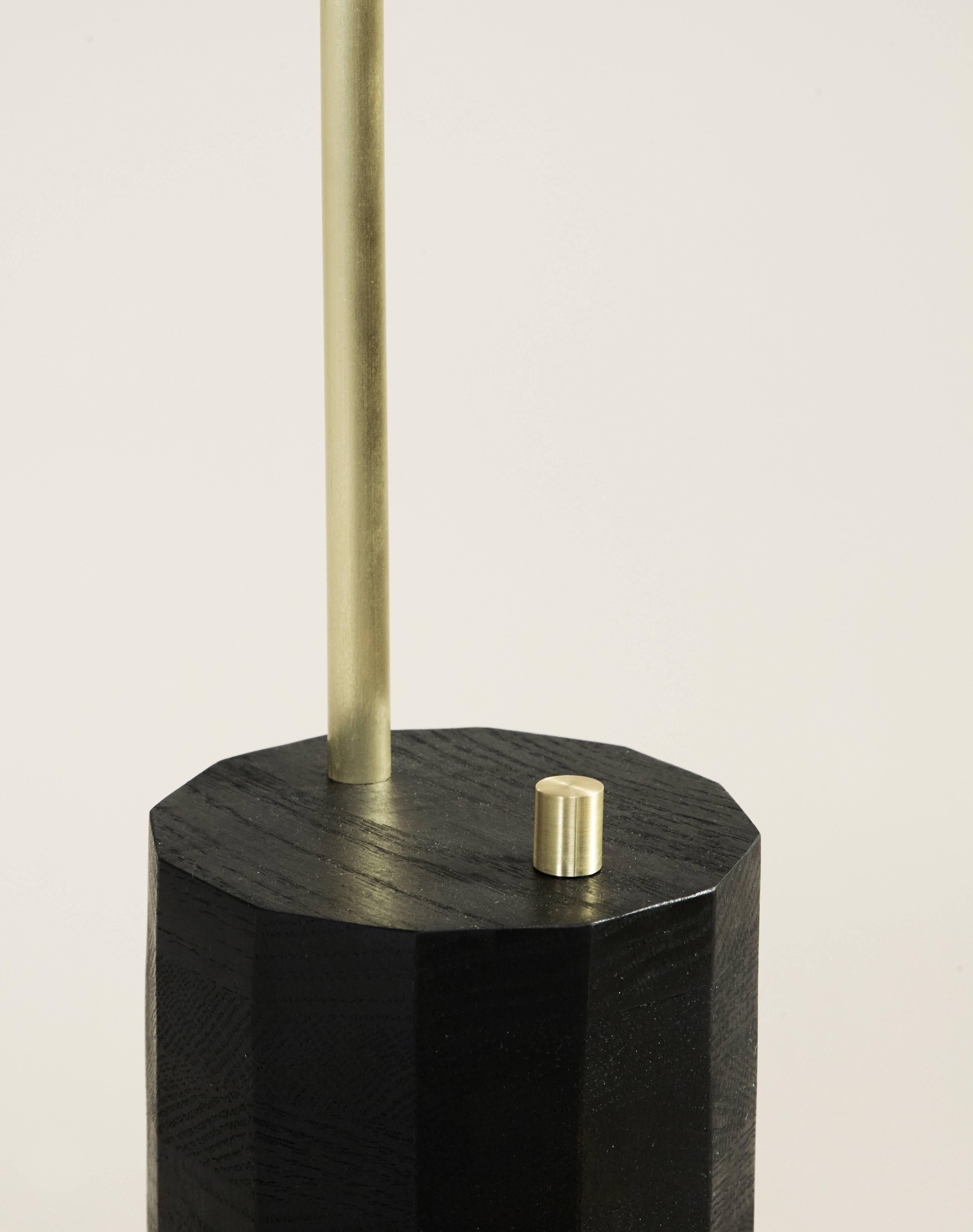 Modern Bishop Table Lamp in Brushed Brass, Blackened-Steel Shade and Ebony-Stained Oak For Sale