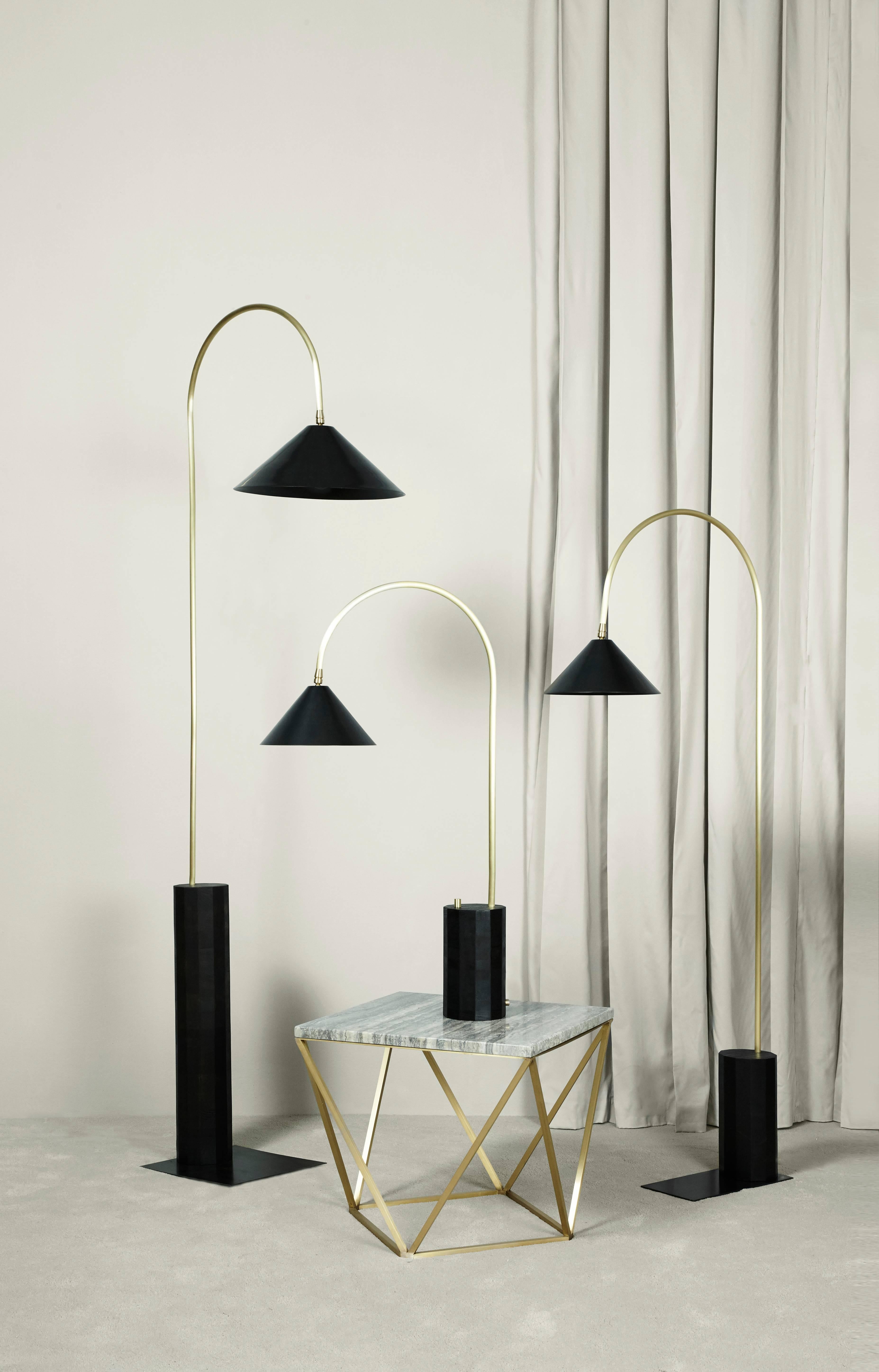 Modern Bishop Tall Floor Lamp with Brushed Brass, Blackened-Steel Shade and Black Oak For Sale