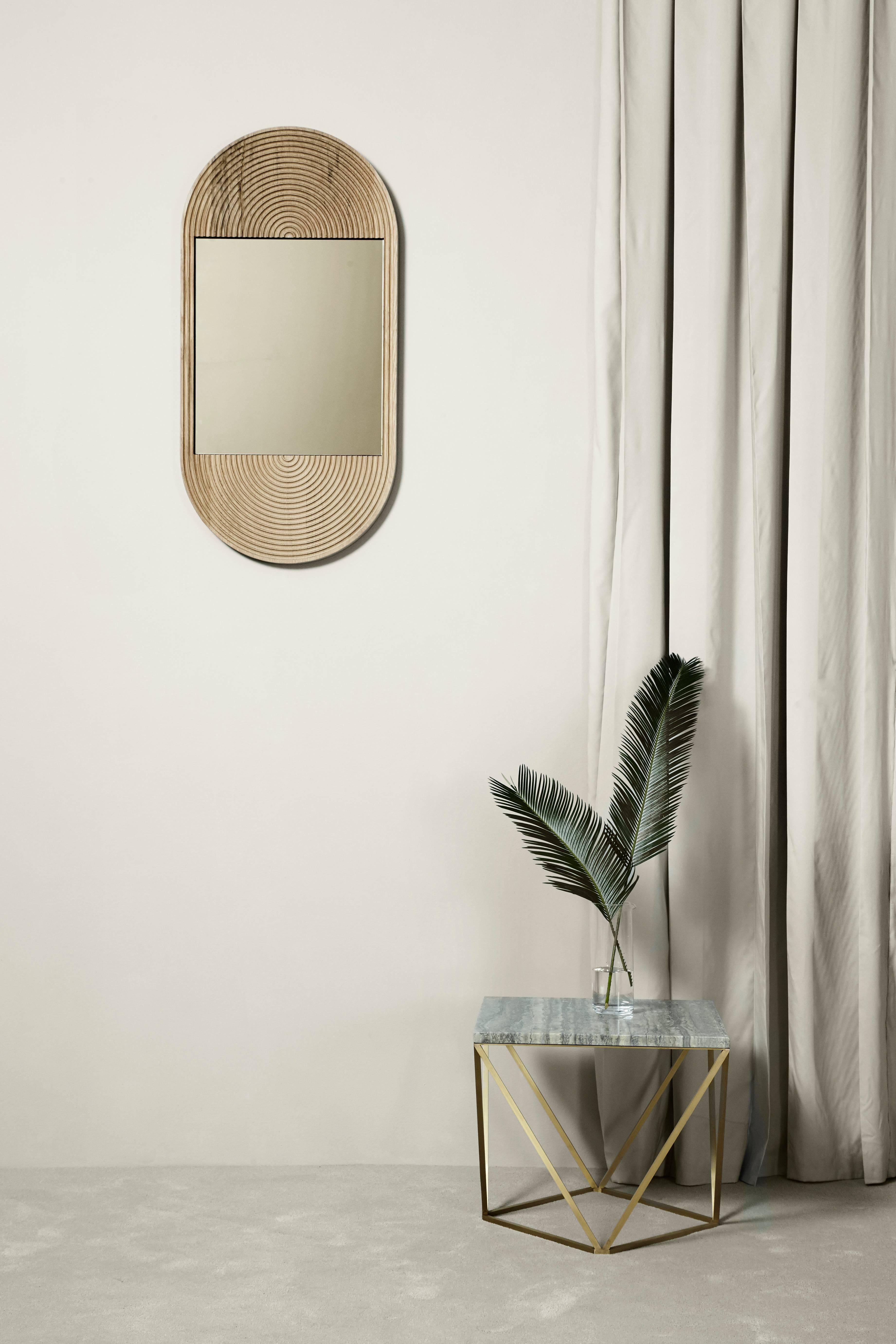 Modern June Mirror, Small in Carved White Oak and Bronze Mirror