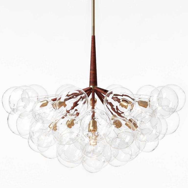 Supra Bubble Chandelier in Dark Brown Leather and Satin Brass by PELLE For Sale 1