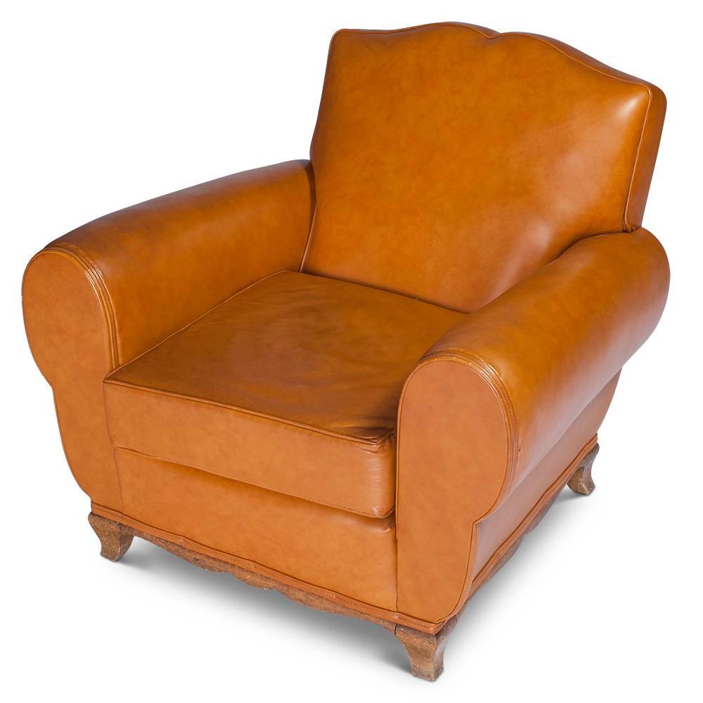 Art Deco Pair of Leather Mustache French Club Chairs, 1950s For Sale