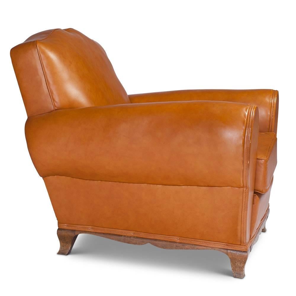 Mid-20th Century Pair of Leather Mustache French Club Chairs, 1950s For Sale