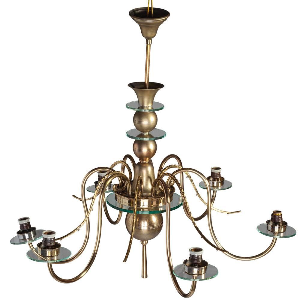 Mid-Century Modern Large 12 Arms Chandelier with Six Lights in Brass and Glass For Sale