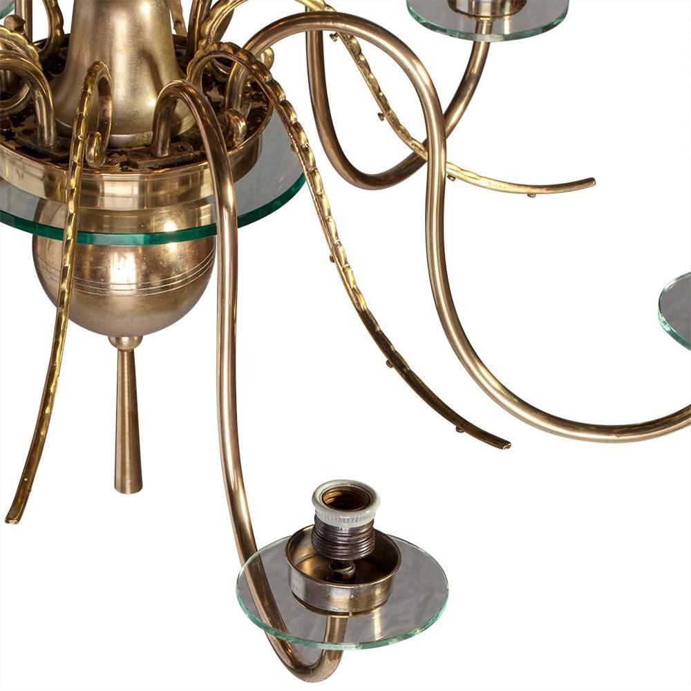 French Large 12 Arms Chandelier with Six Lights in Brass and Glass For Sale