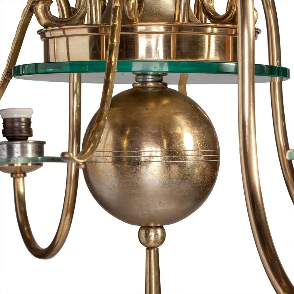 Mid-20th Century Large 12 Arms Chandelier with Six Lights in Brass and Glass For Sale