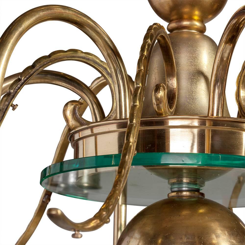 Large 12 Arms Chandelier with Six Lights in Brass and Glass For Sale 1