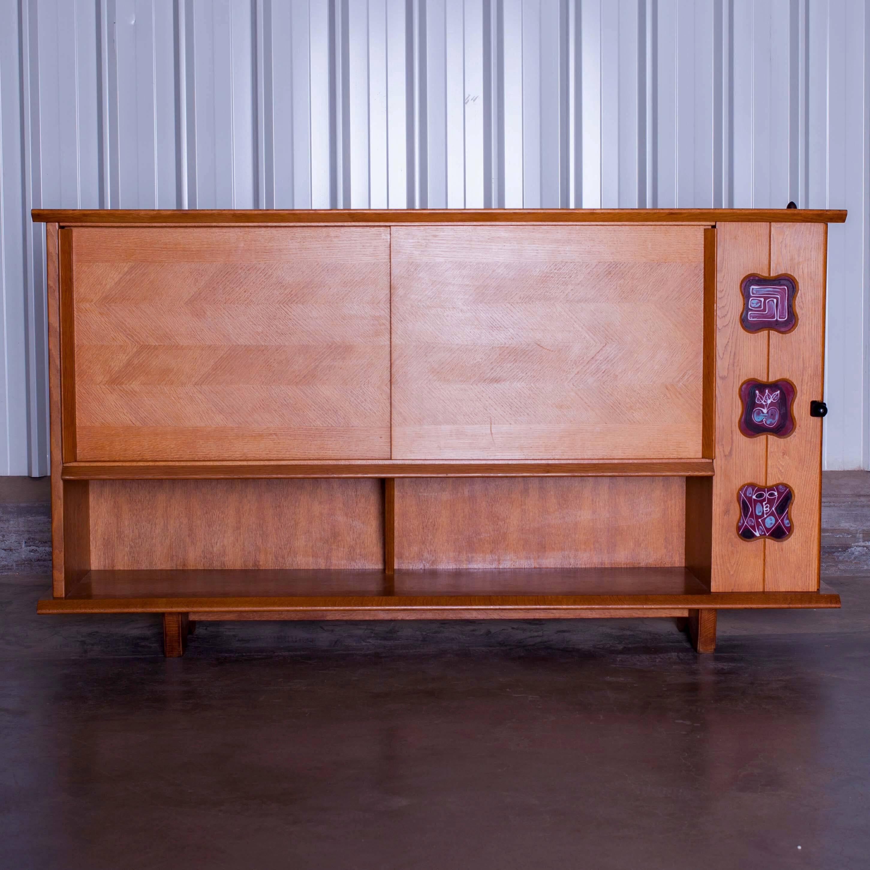 Ceramic Oak Sideboard by Votre Maison, Guillerme et Chambron, circa 1960, France For Sale