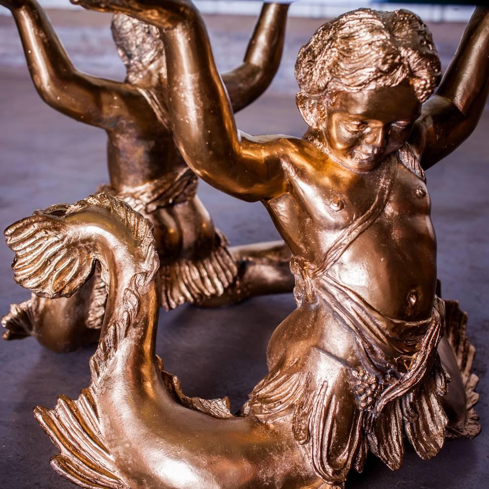 Mid-20th Century Merman Coffee Table in Gilt Bronze with Glass Top (Putti Di Mare), circa 1960 For Sale