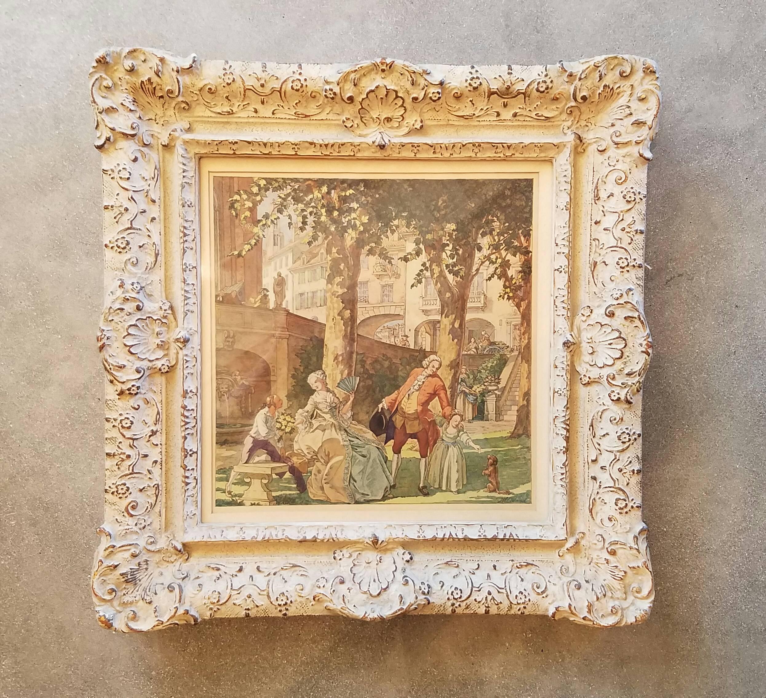 This pair of charming lithographs have beautiful French Style frames and have been backed with antique wallpaper. The colors and detail are excellent.