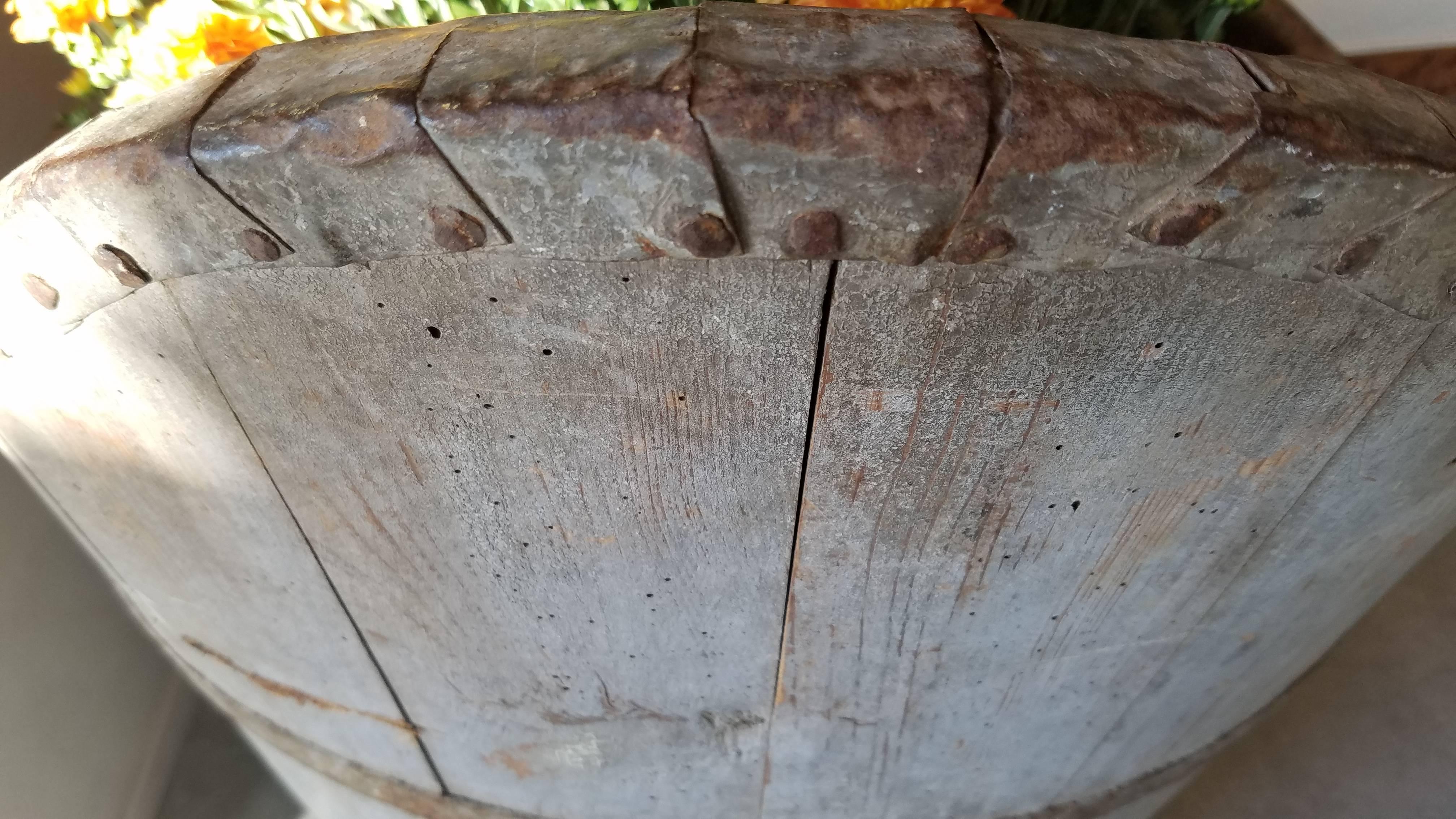 Antique French Wood Plank Tub with Metal Strap as Planter In Good Condition In Cardiff, CA