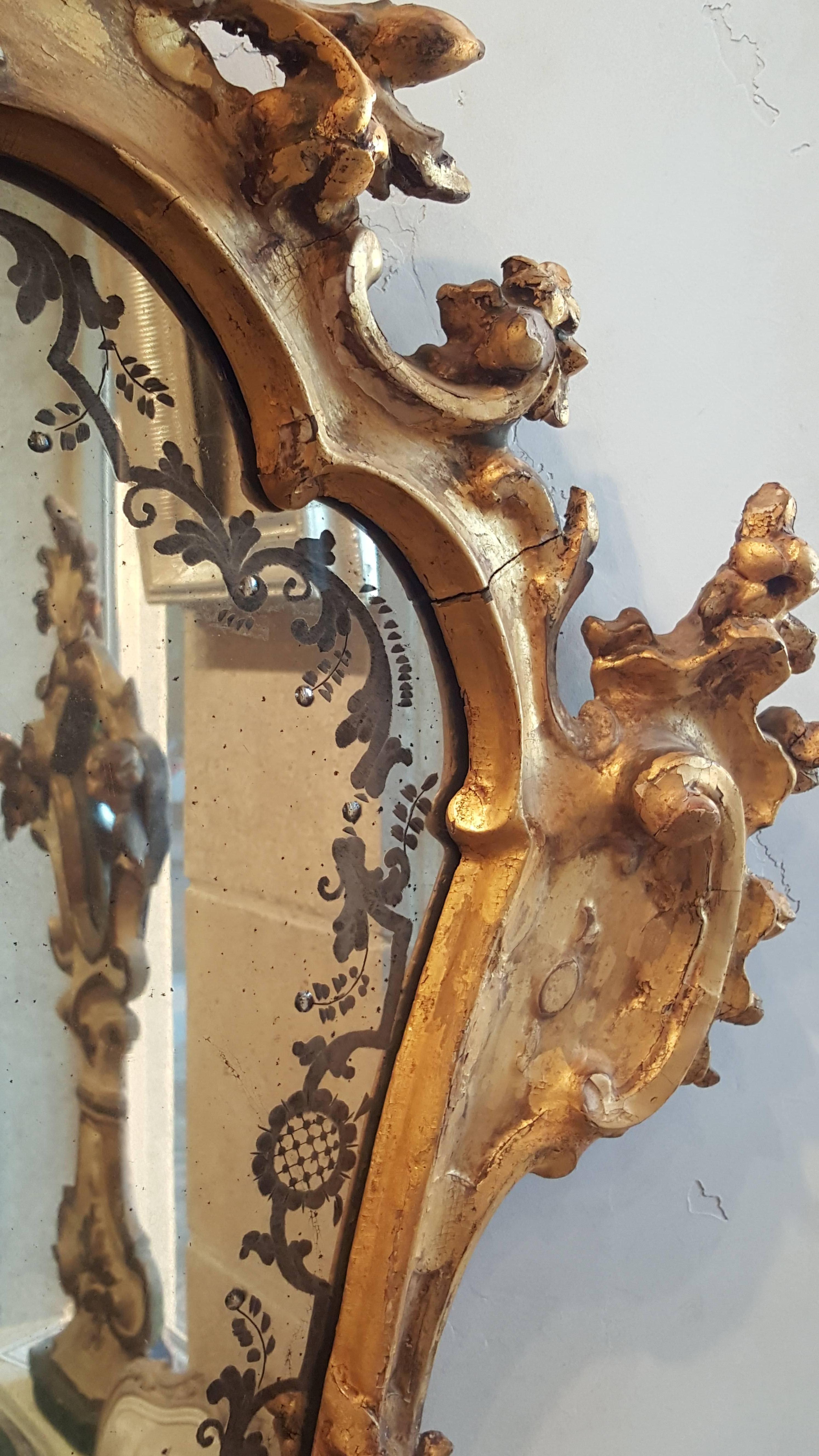 18th Century and Earlier 18th Century Gold Gilt Carved Venetian Etched Mirror For Sale