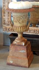 Pair of Cast Iron Urns on Pedestal with Crowned Lion's Head Handles