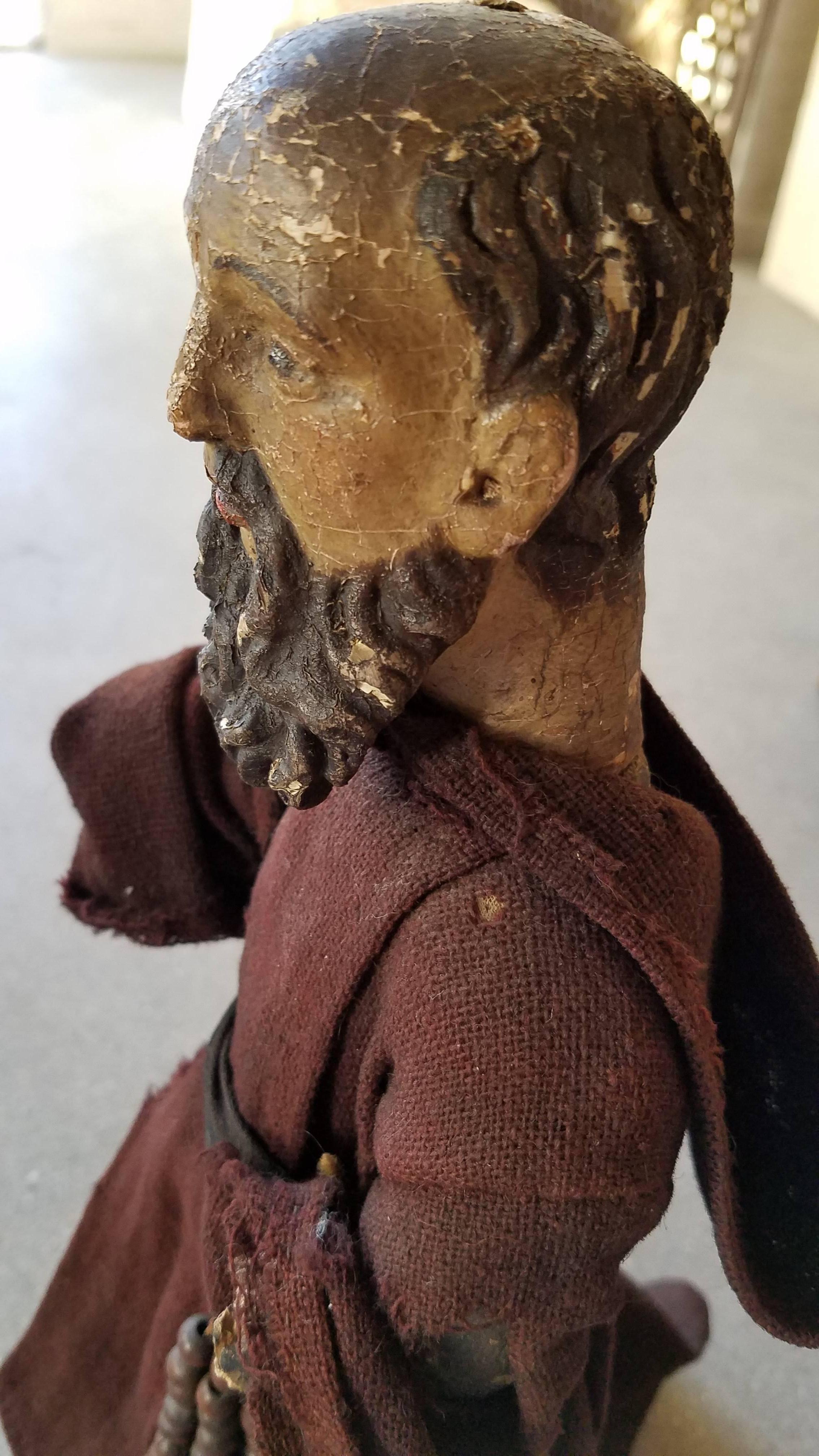Antique Carved Monk Statue with Original Cloth Garments and Wood Beaded Belt 1