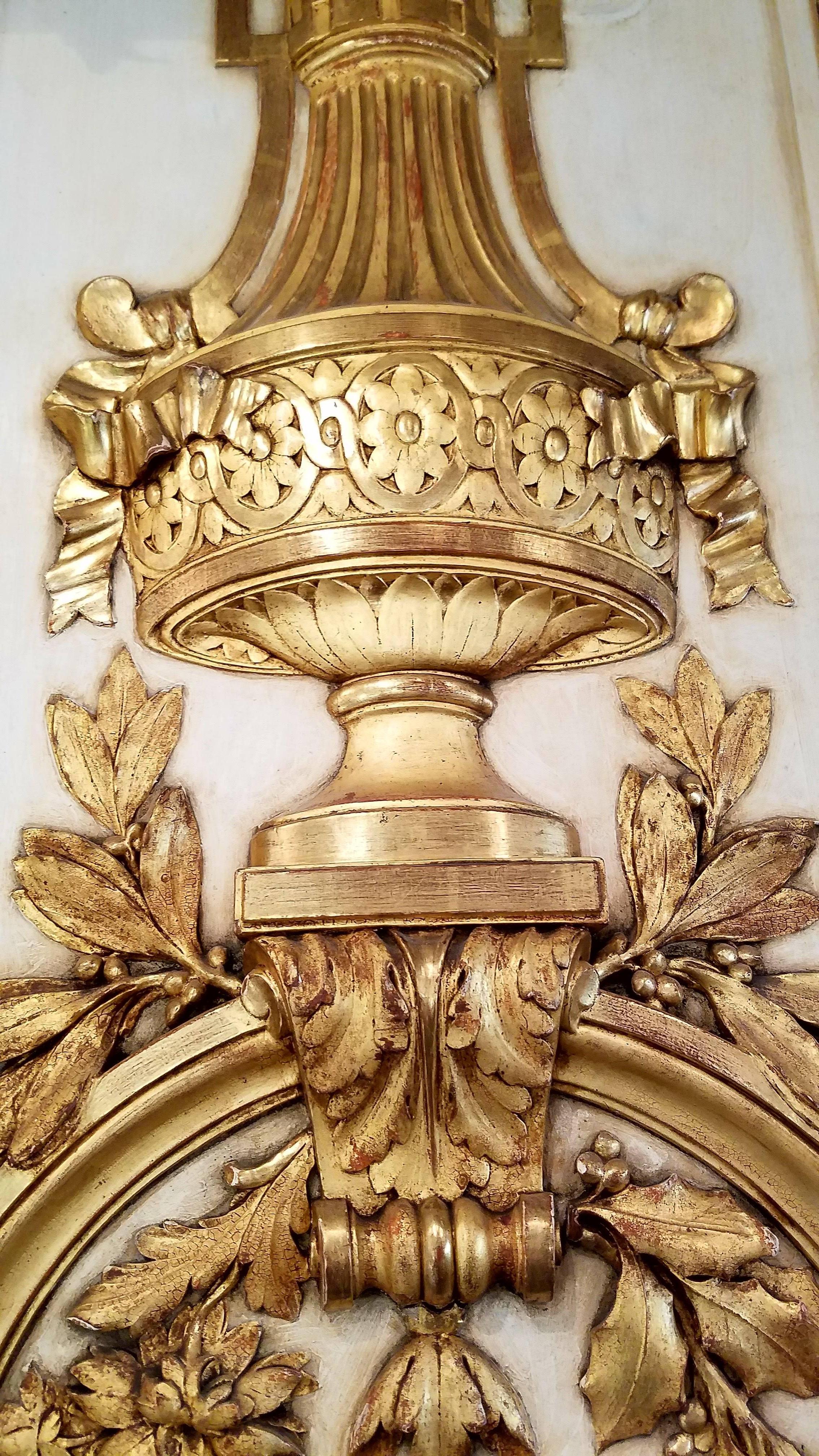 French Pair of Gilt and Gessoed Architectural Panels with Flora and Urn Design