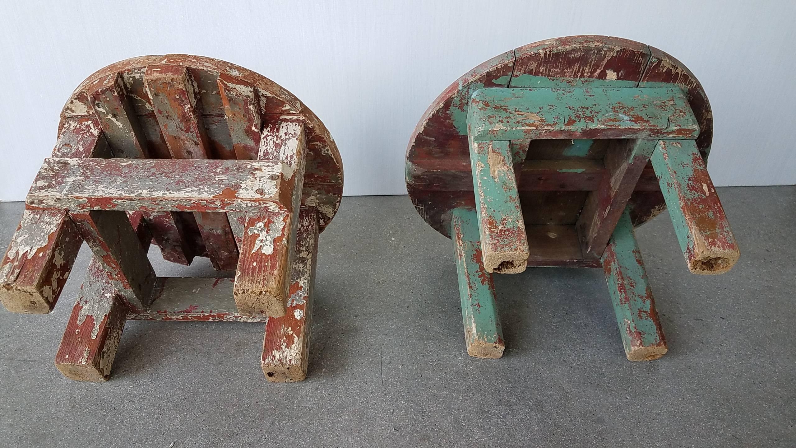 American Craftsman Pair of Early 20th Century Rustic Farm Stools with Original Paint  For Sale