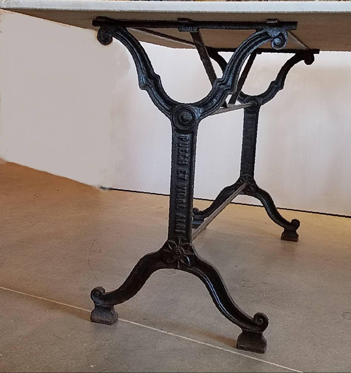 French Provincial 20th Century Double Stretcher Cast Iron French Bistro Table with Marble Top