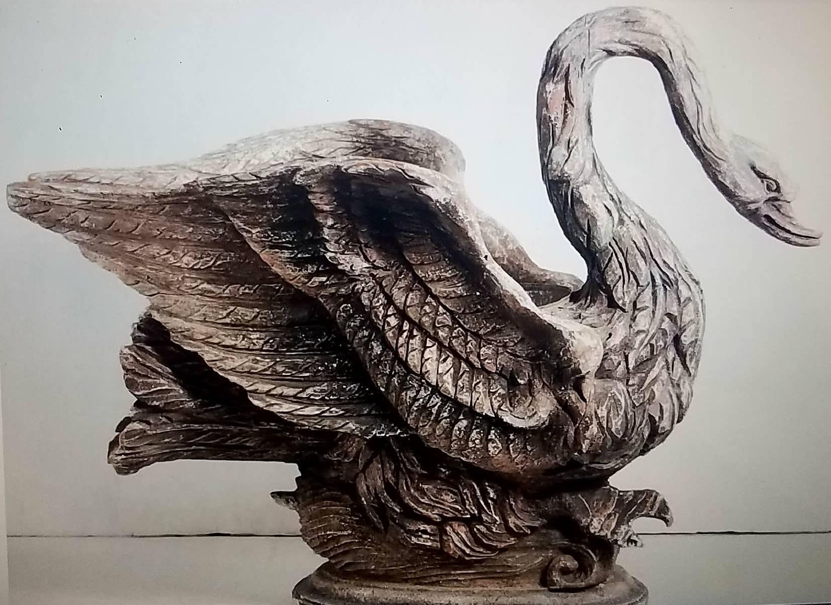 Folk Art Magnificent Grand Carved Wood Swan Planter