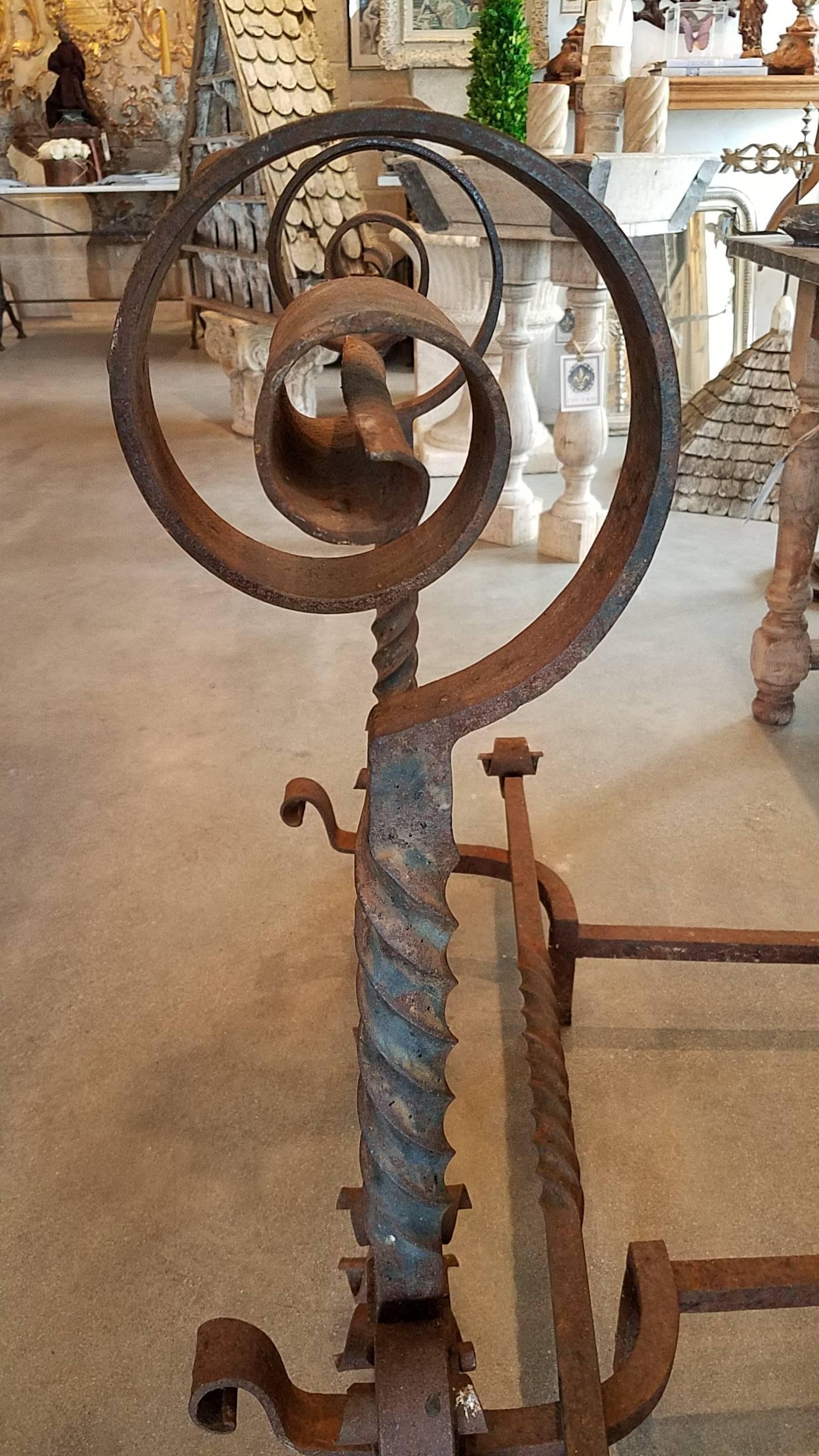 Antique Large Scale Scrolled Andirons In Good Condition In Cardiff, CA