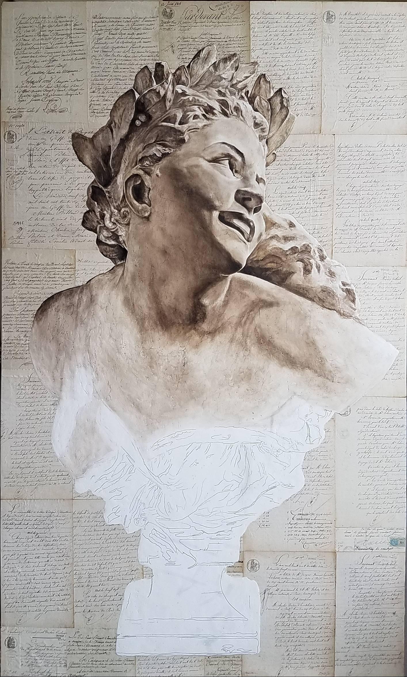 Contemporary Original Oil on Wood Panel, 19th Century Sculpture over Antique French Document