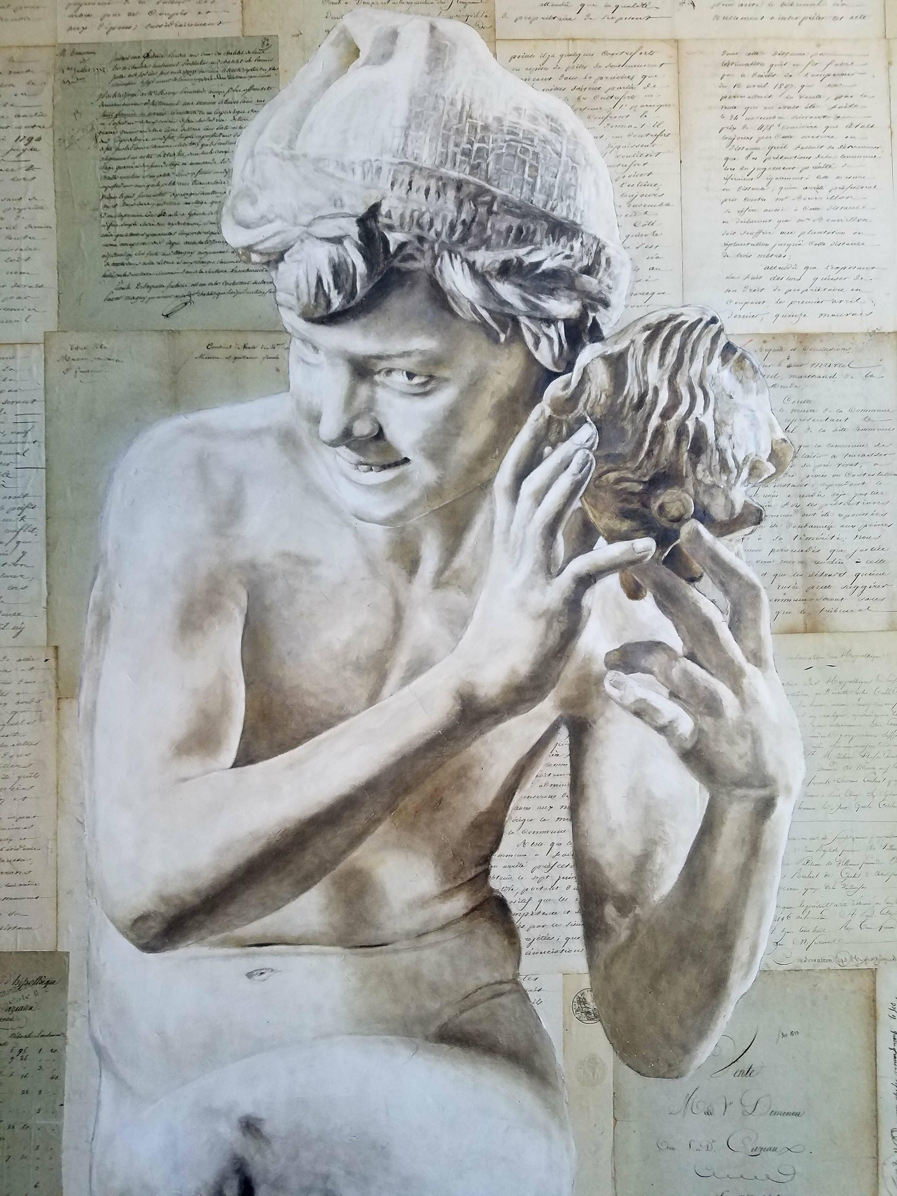 Original Oil on Wood Panel, 19th Century Sculpture over Antique French Document In Excellent Condition For Sale In Cardiff, CA