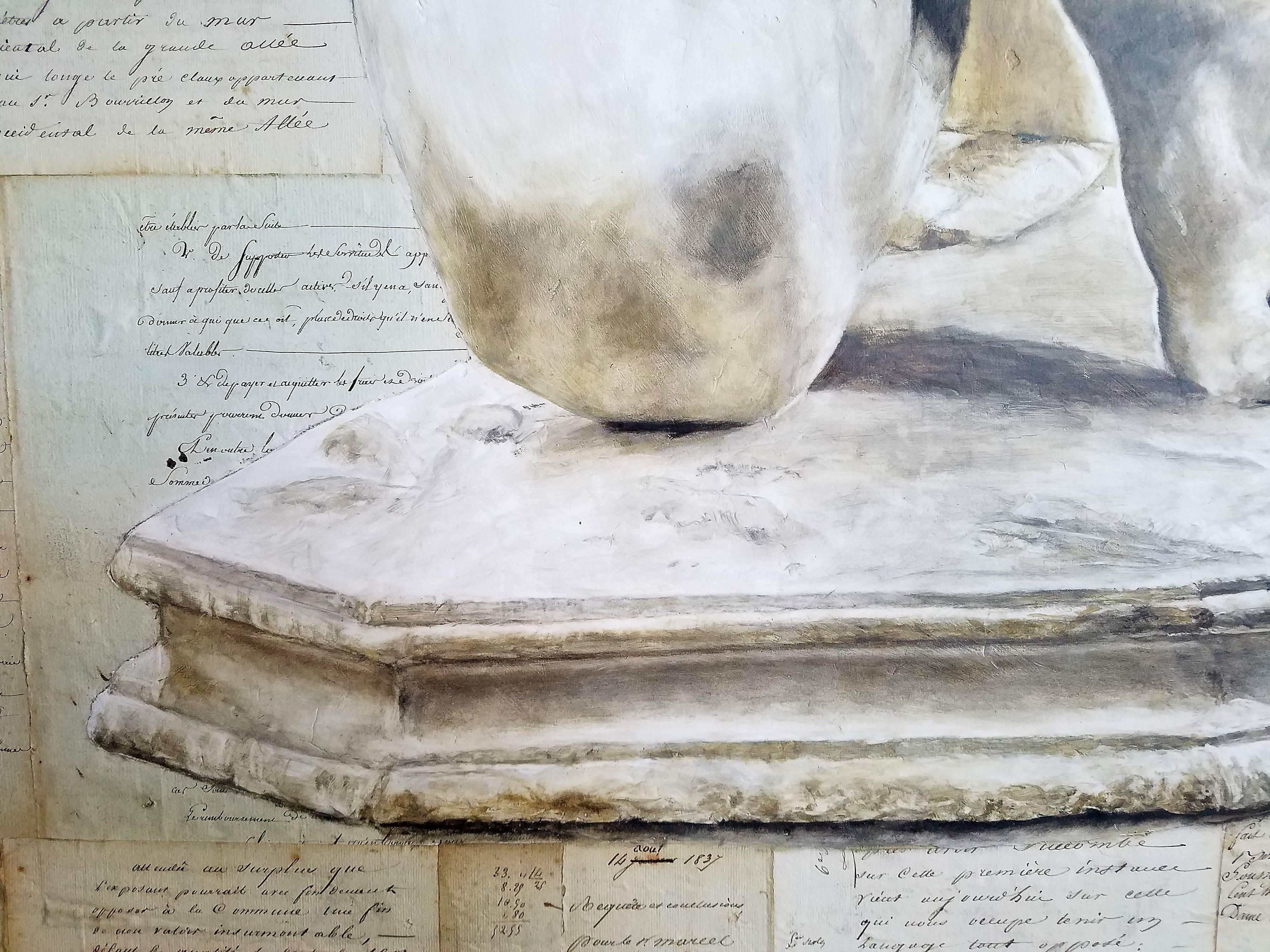 American Original Oil on Wood Panel, 19th Century Sculpture over Antique French Document For Sale