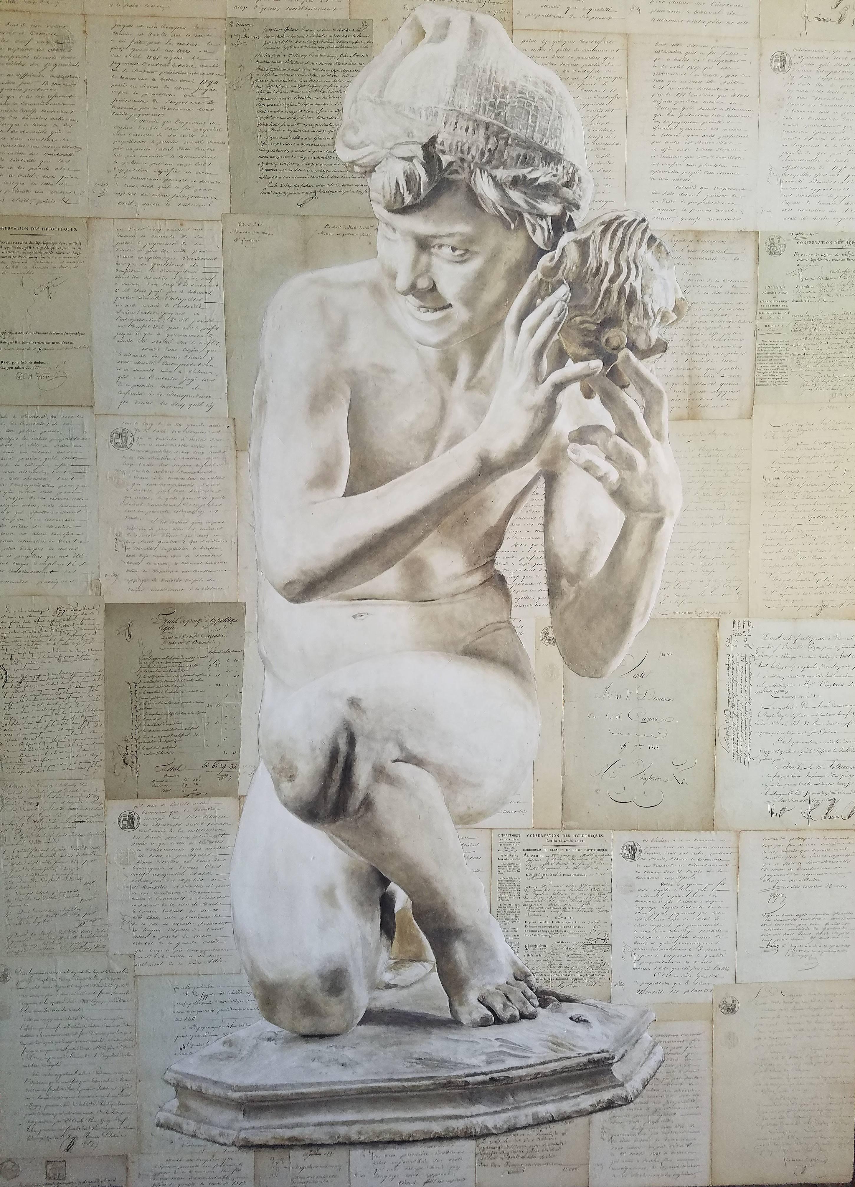 Contemporary Original Oil on Wood Panel, 19th Century Sculpture over Antique French Document For Sale