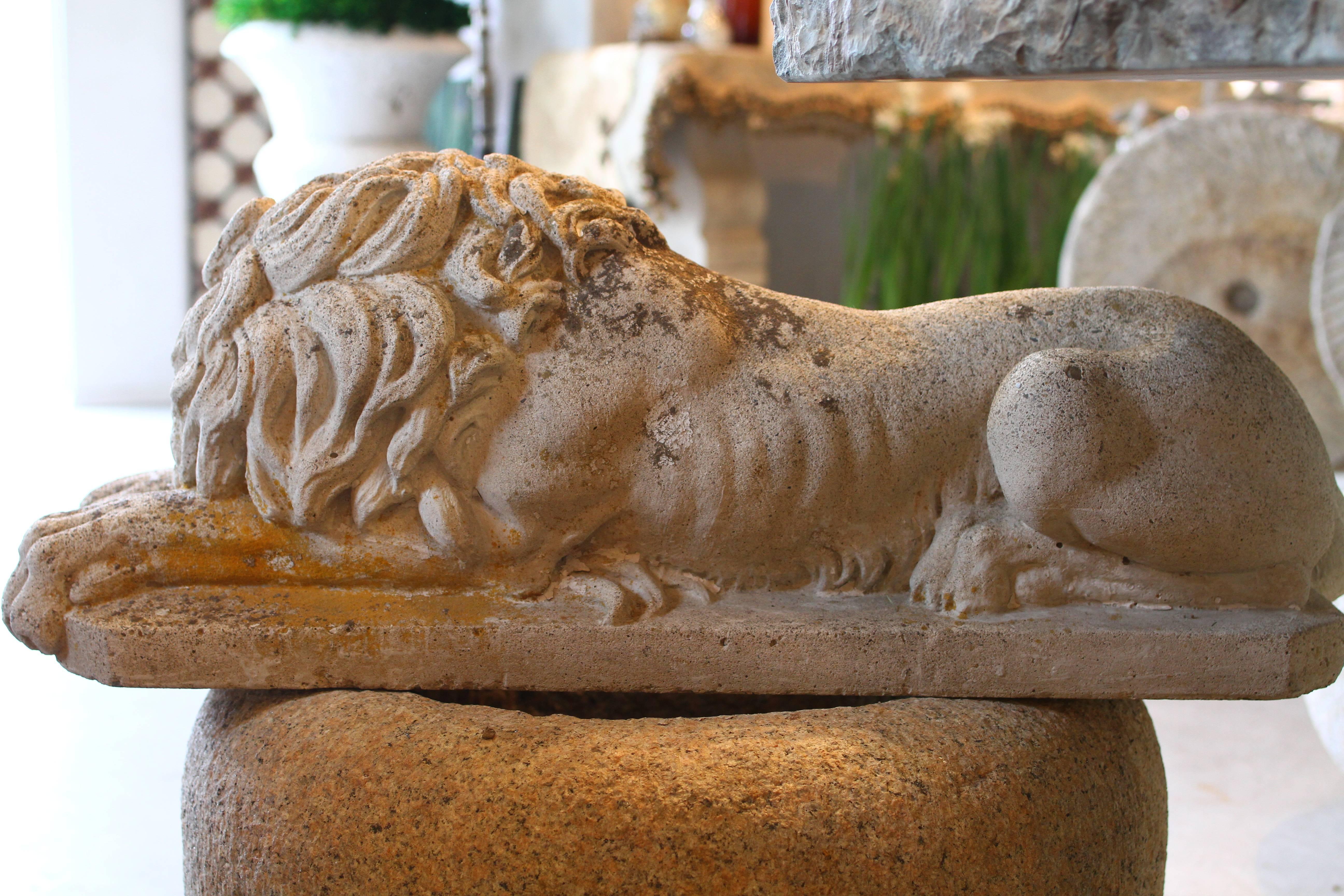 Classical Roman Pair of Antique Cement Recumbent Garden Lions