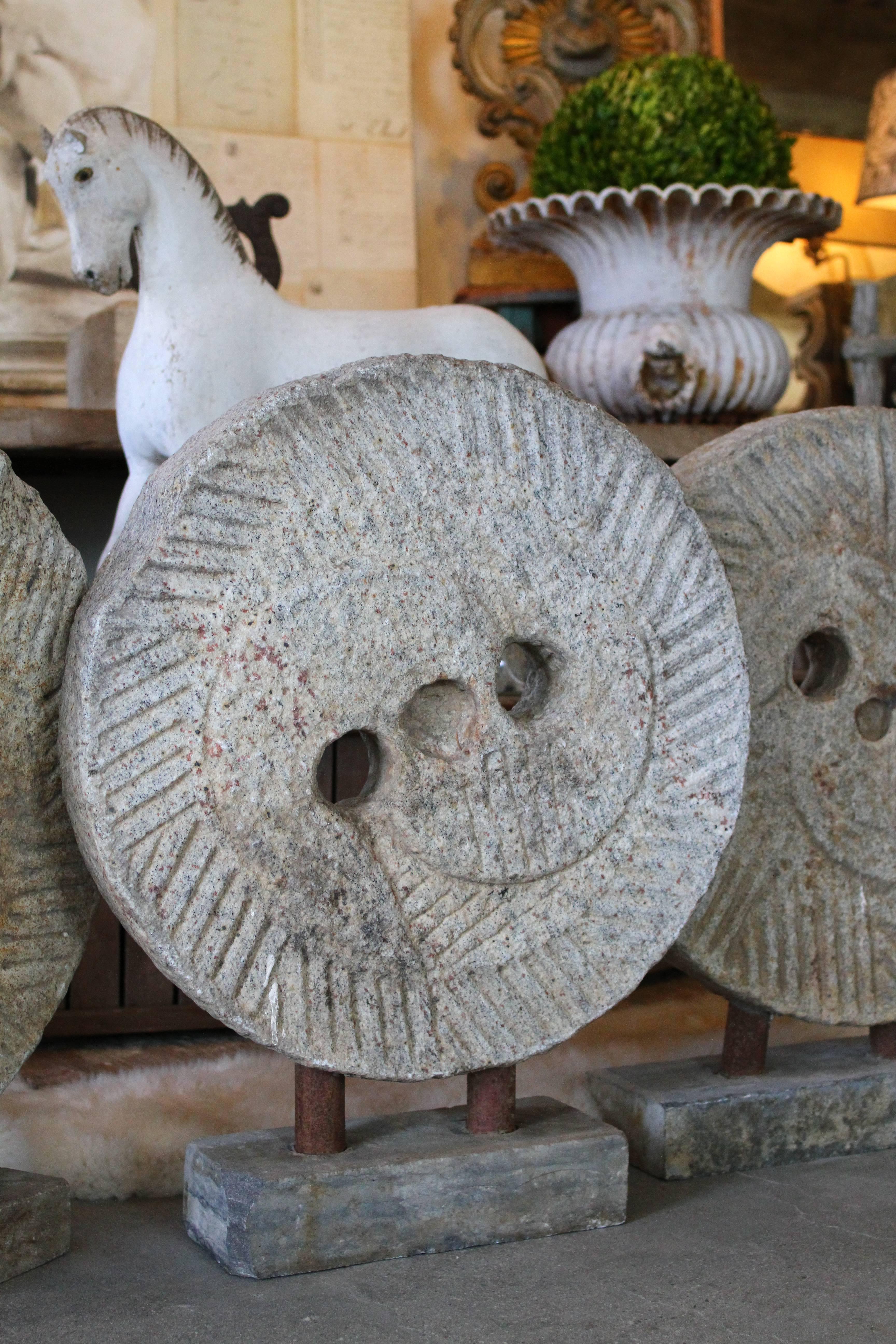 Fabulous Carved 19th Century Granite Millstones on Stand For Sale 4