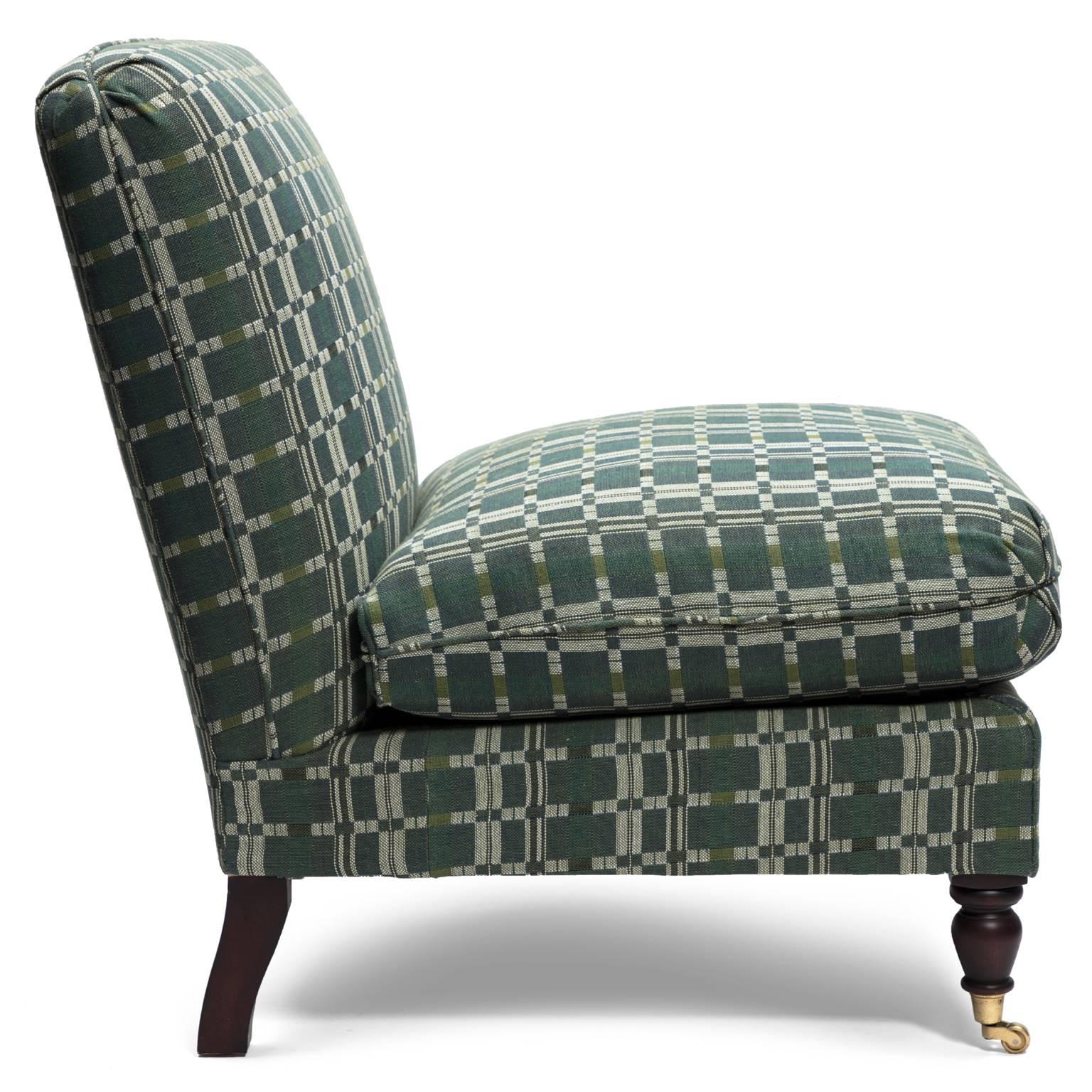 Covered in ZAK + FOX Togo fabric, this vintage slipper chair has been upholstered with Turkish corners. Pinch pleating creates a neat, rounded tuck at each edge; this tailored upholstery method establishes seamless lines from backrest to cushion to