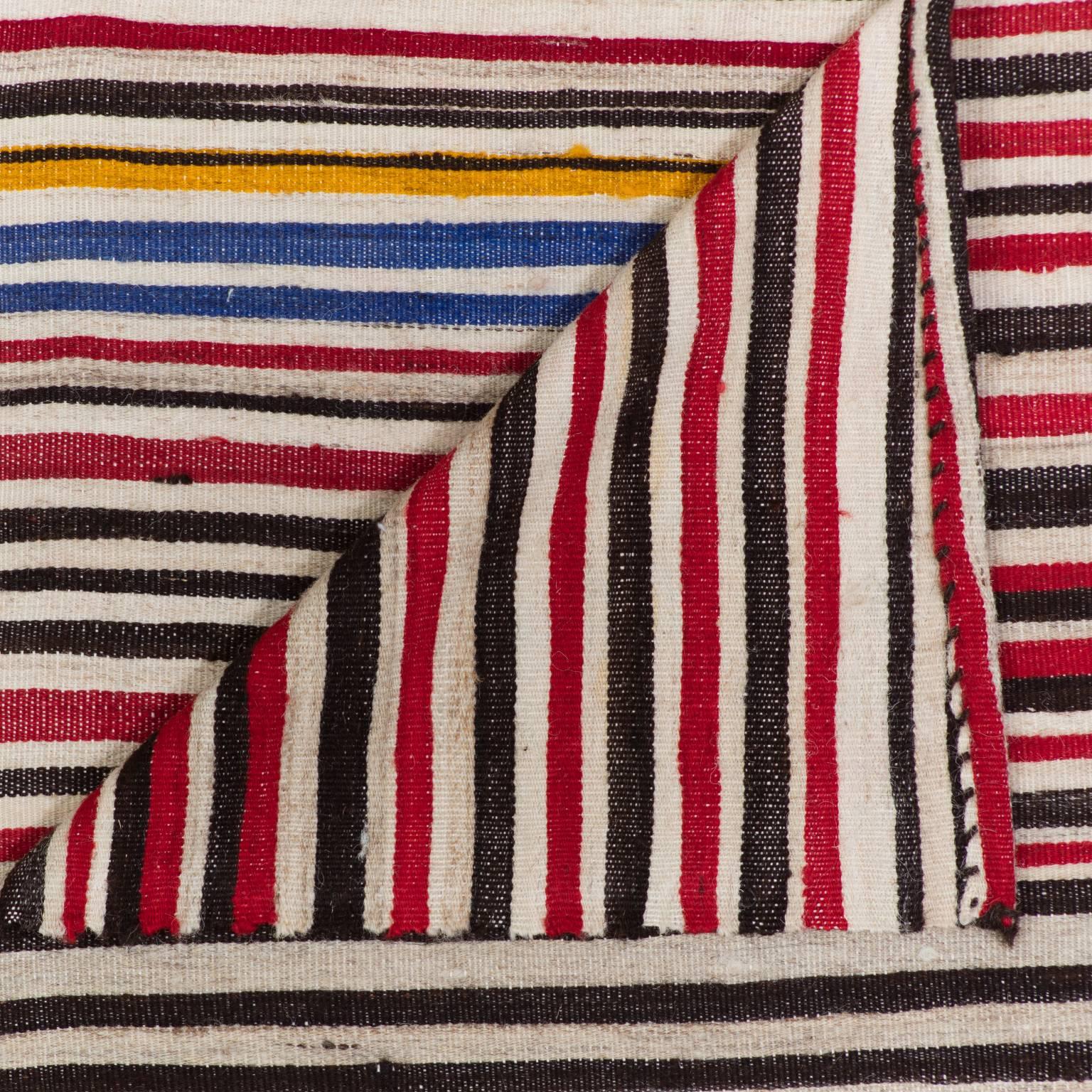 Individually woven panels in contrasting stripes are hand-stitched together to create an unexpected and large-scale composition.

This vintage rug has its own distinctions and imperfections. Minor wear, flaws and discolorations may be expected,