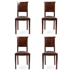 Set of Four Burl and Leather Dining Chairs