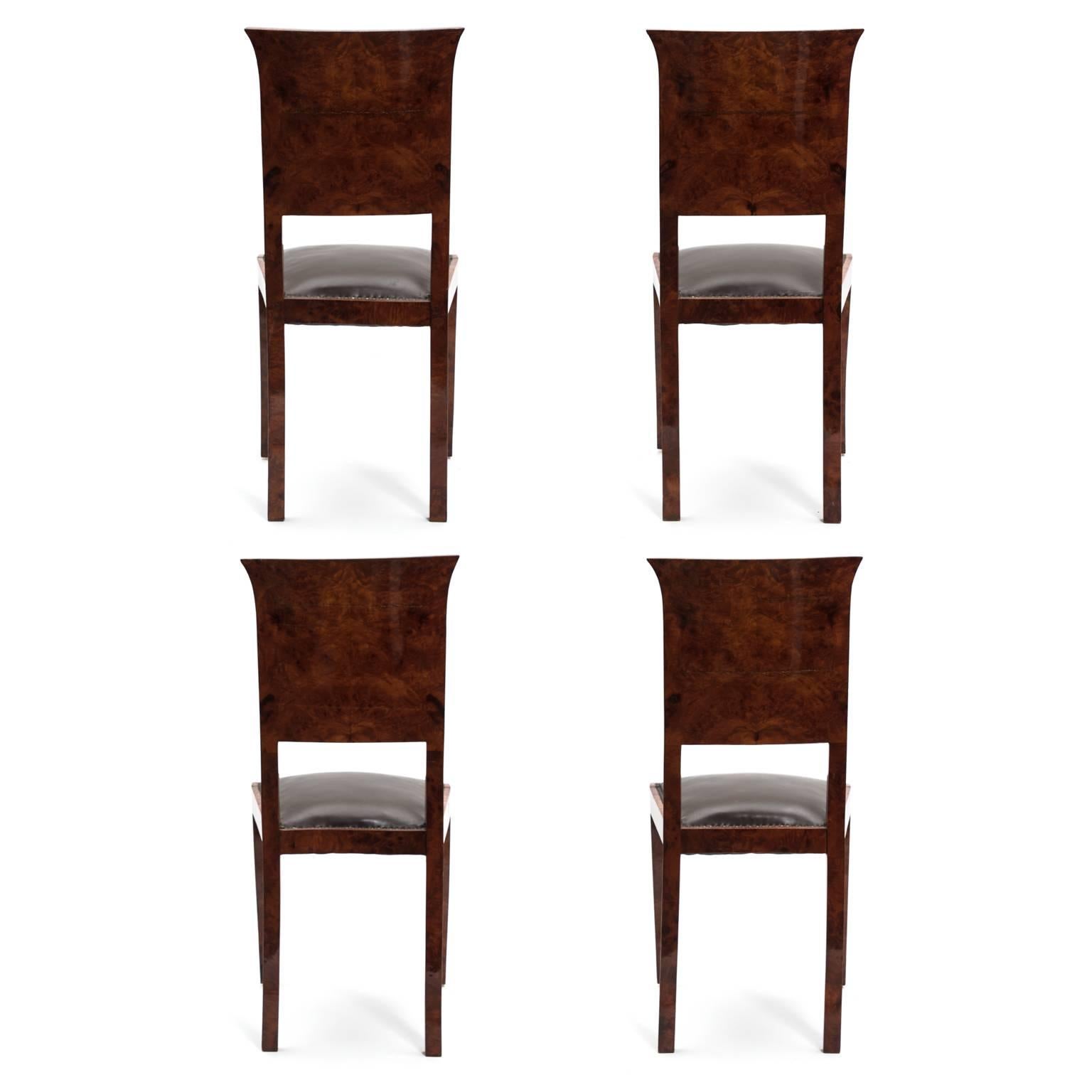 Carved Set of Four Burl and Leather Dining Chairs For Sale